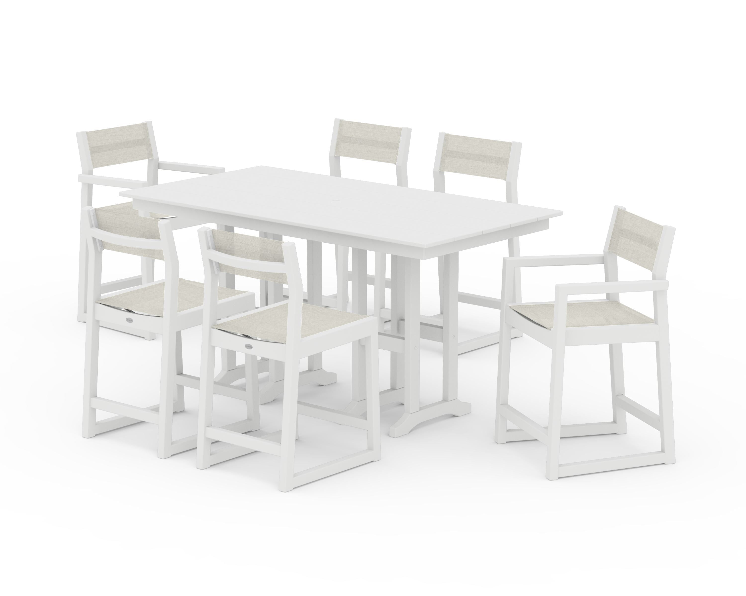 POLYWOOD® EDGE Sling 7-Piece Farmhouse Counter Set with Trestle Legs in White / Parchment Sling