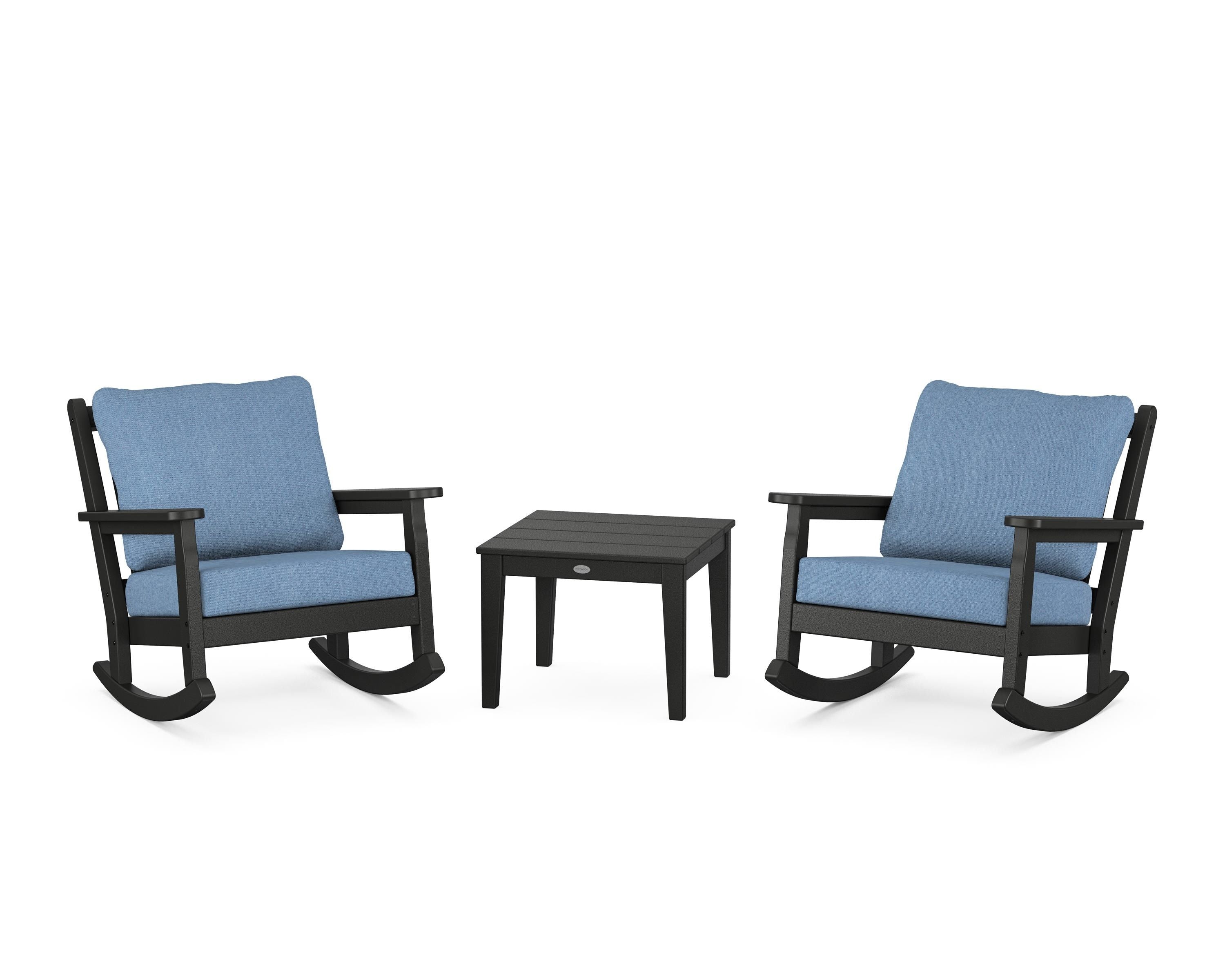 POLYWOOD® Chippendale 3-Piece Deep Seating Rocker Set in Black / Sky Blue