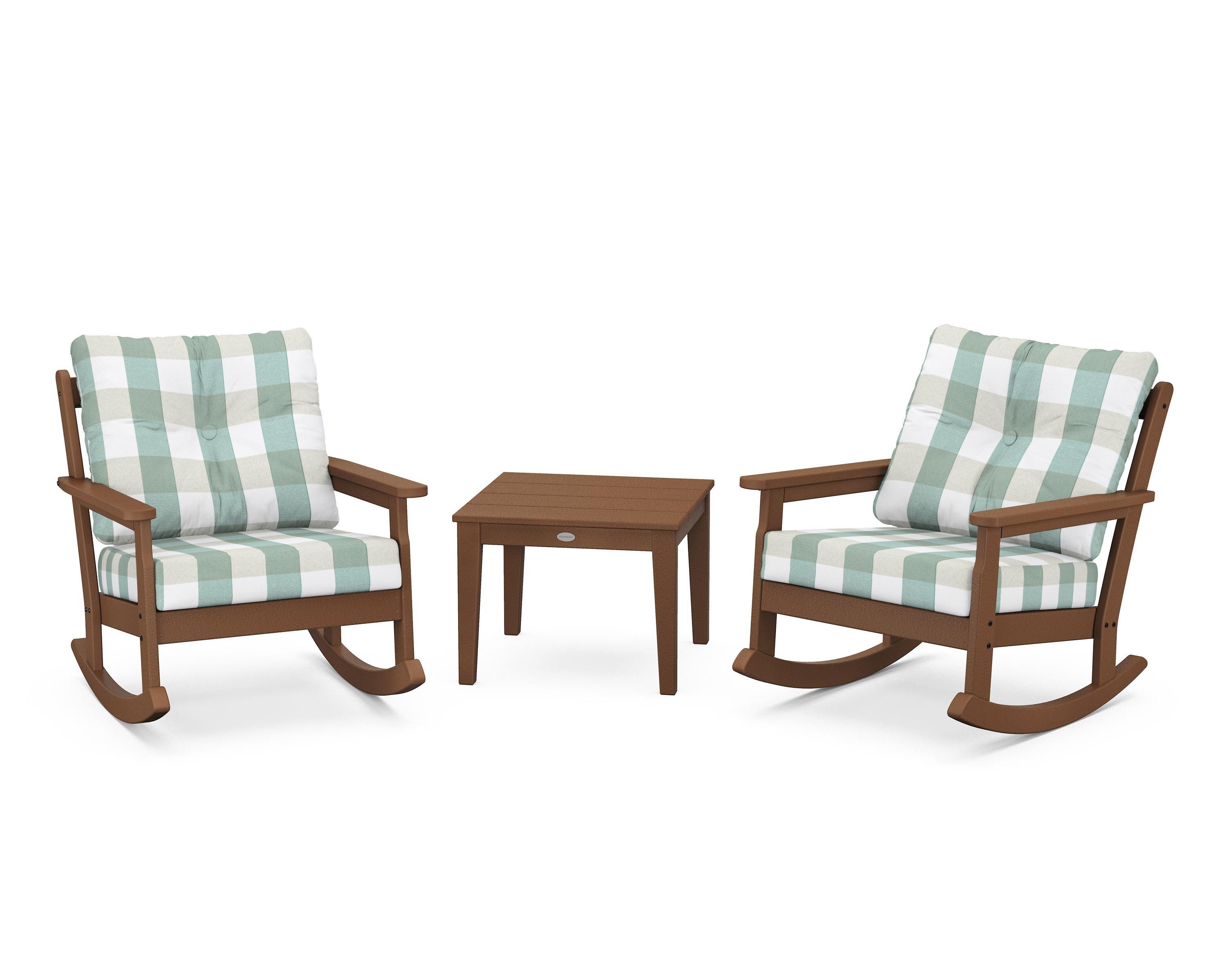 POLYWOOD® Vineyard 3-Piece Deep Seating Rocker Set in Teak / Buffalo Plaid Glacier Spa