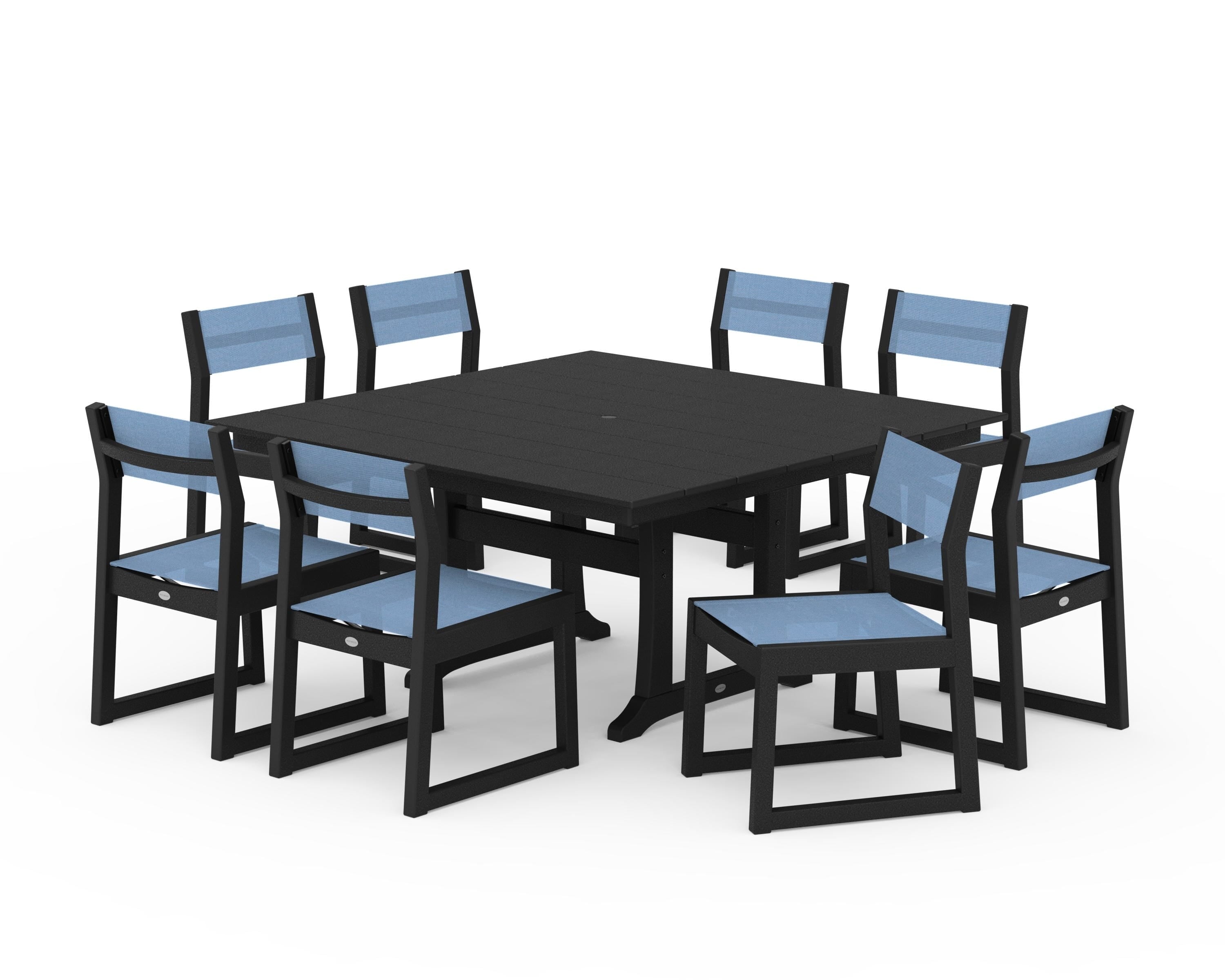 POLYWOOD® EDGE Sling Side Chair 9-Piece Farmhouse Trestle Dining Set in Black / Poolside Sling