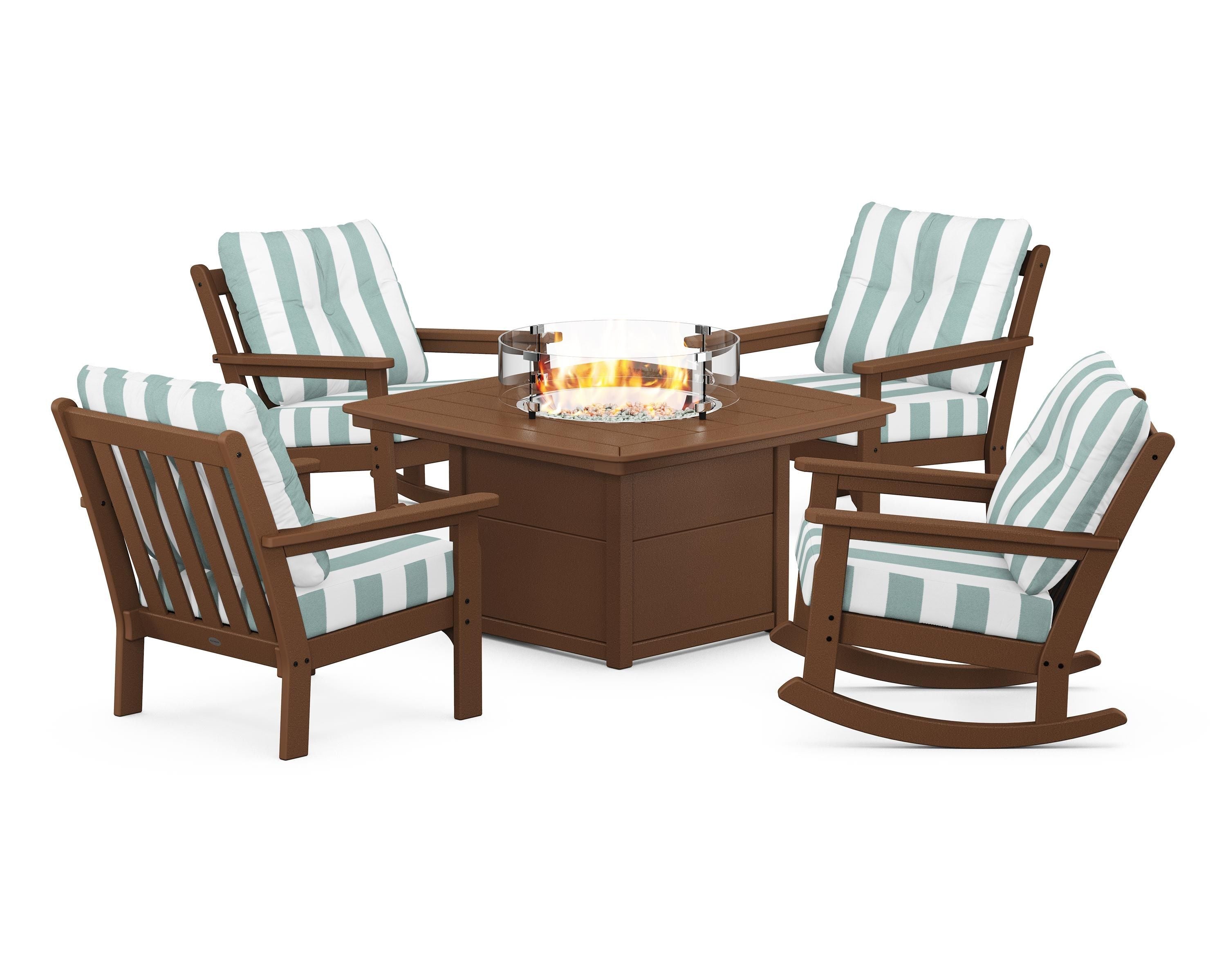 POLYWOOD® Vineyard 5-Piece Deep Seating Rocking Chair Conversation Set with Fire Pit Table in Teak / Cabana Stripe Glacier Spa