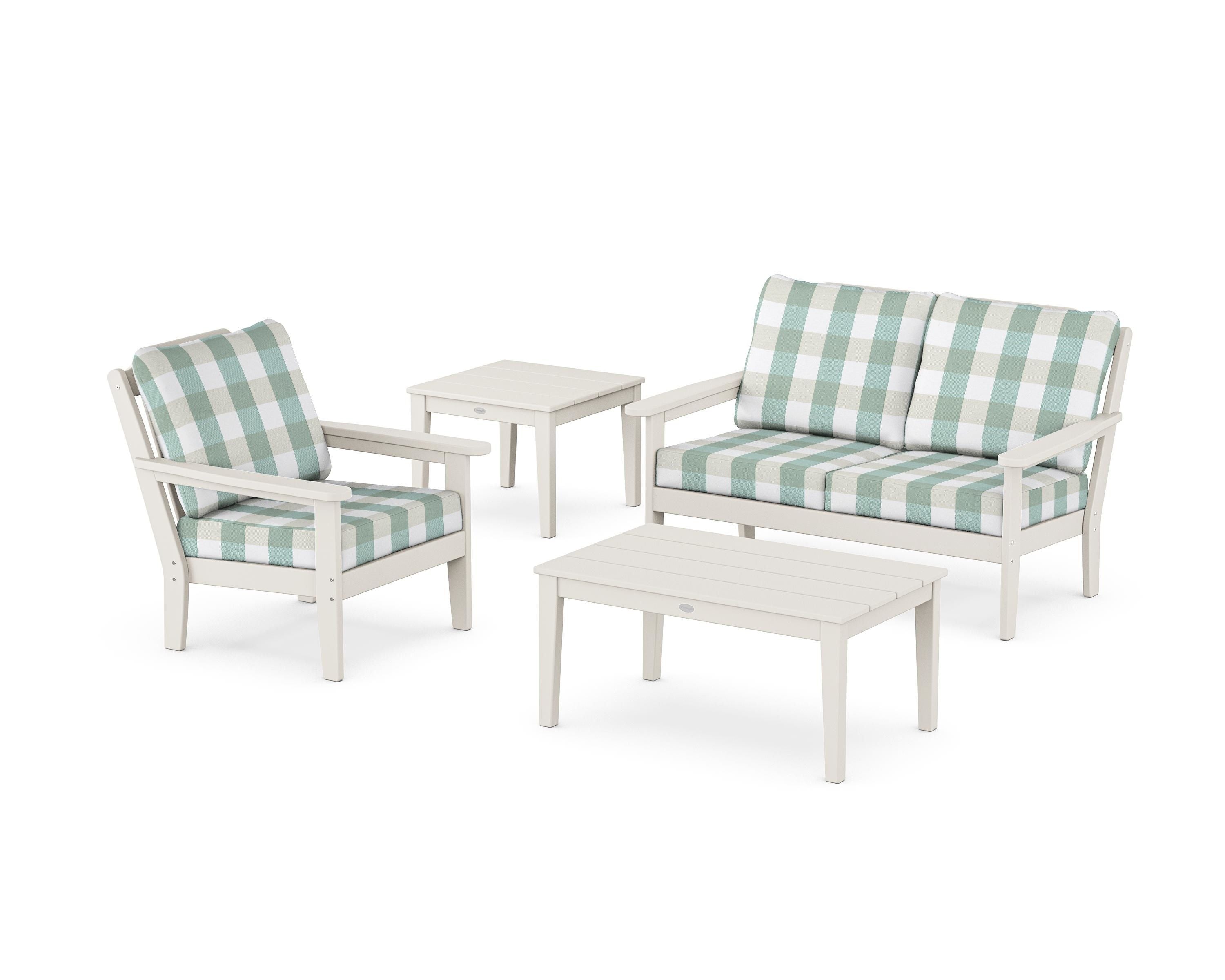 Country Living Wovendale 4-Piece Deep Seating Set in Sand / Buffalo Plaid Glacier Spa