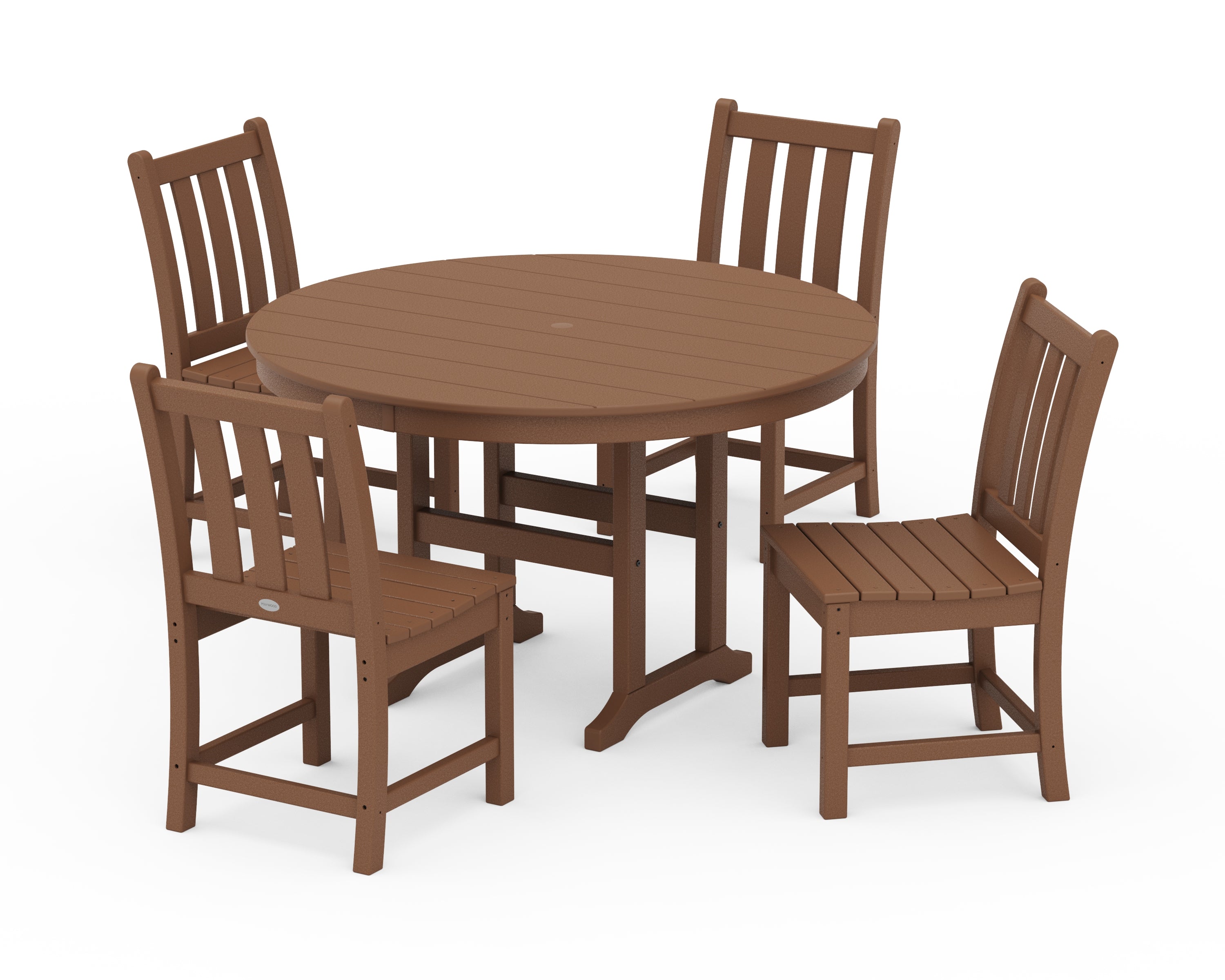 POLYWOOD® Traditional Garden Side Chair 5-Piece Round Farmhouse Dining Set in Teak