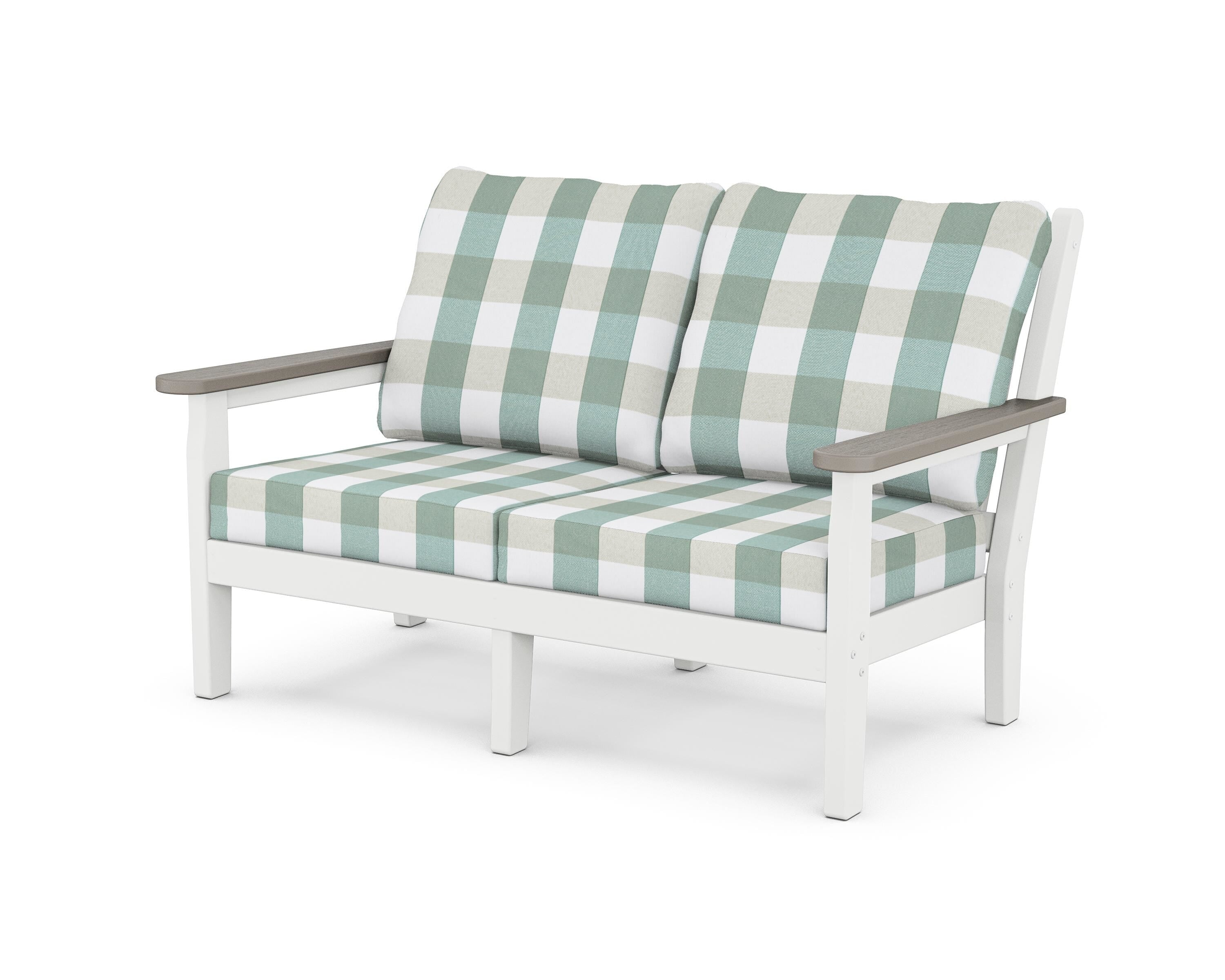 POLYWOOD® Chippendale Deep Seating Loveseat in White / Driftwood / Buffalo Plaid Glacier Spa
