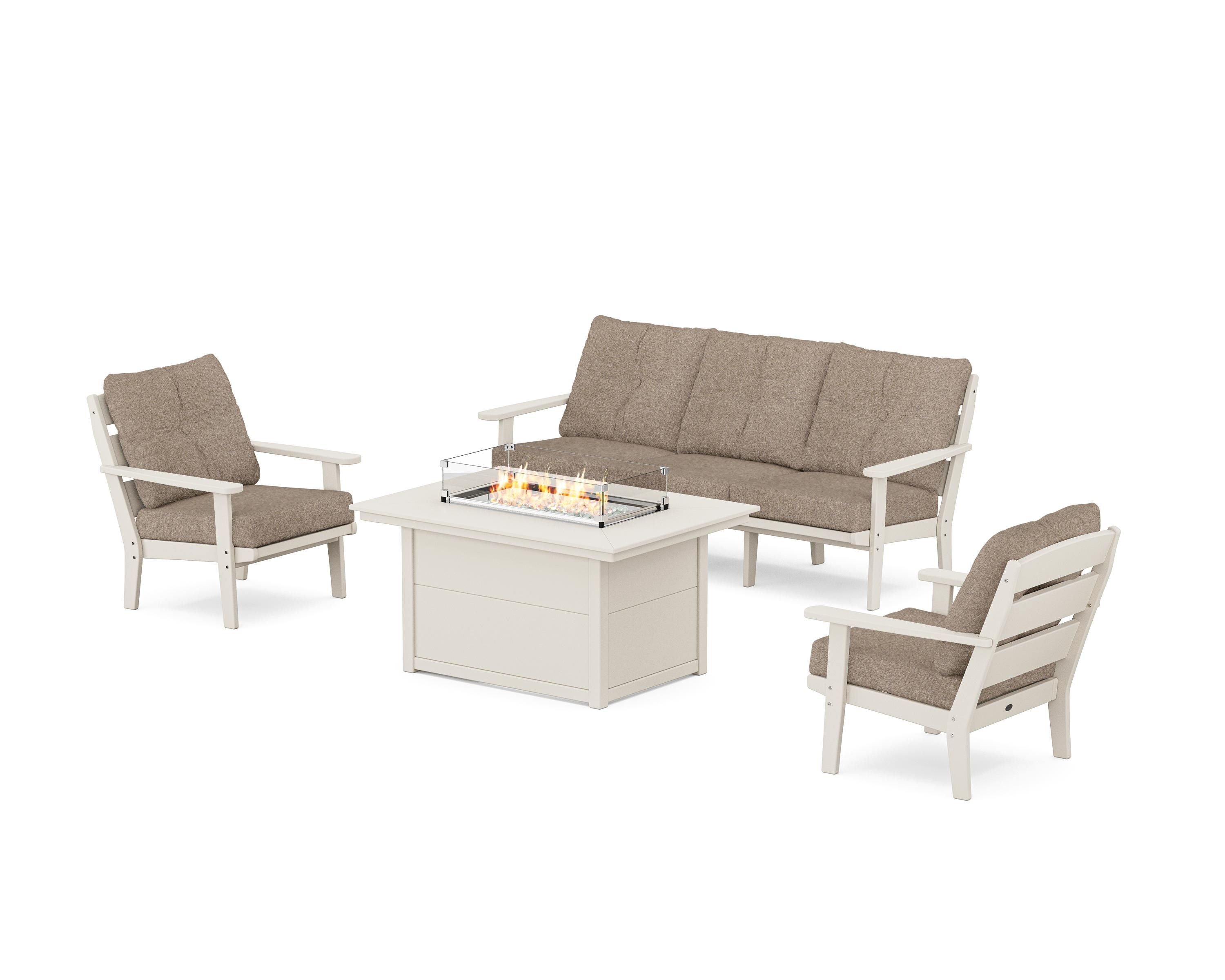 POLYWOOD® Lakeside Deep Seating Fire Pit Table Set in Sand / Spiced Burlap