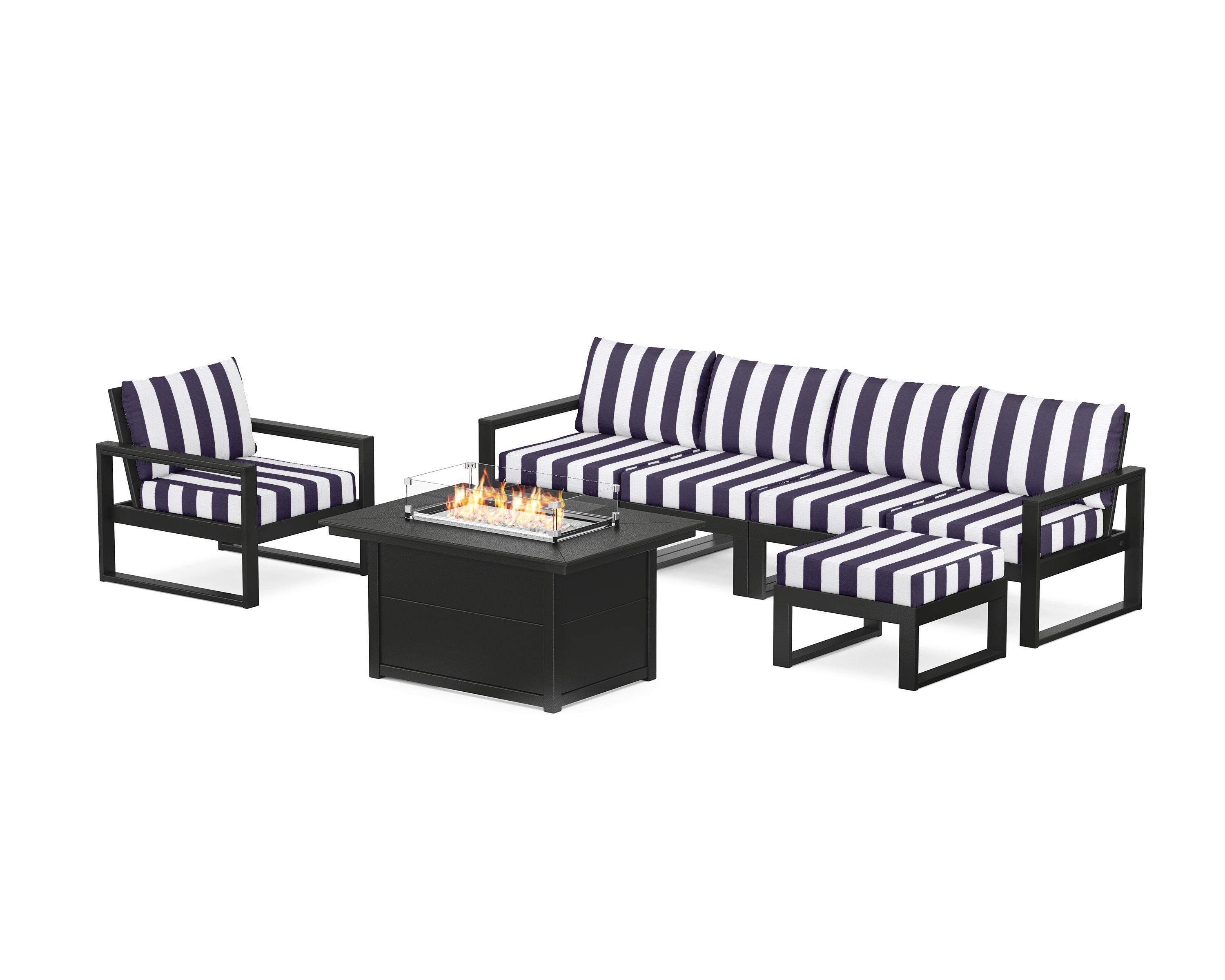 POLYWOOD® EDGE Sectional Lounge and Fire Pit Set in Black / Cabana Stripe Navy