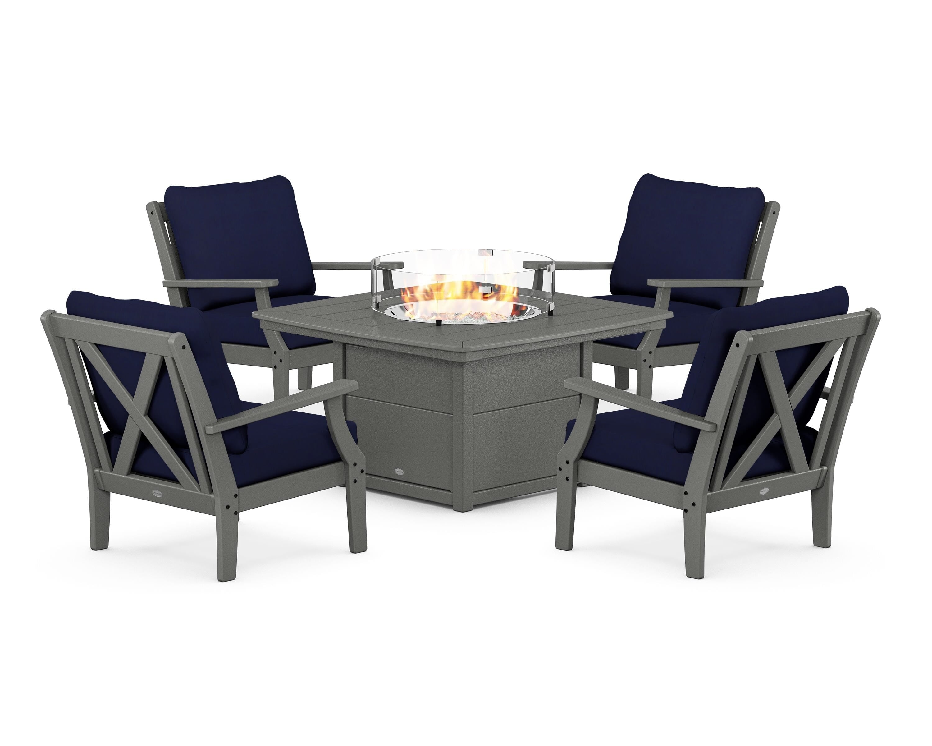 POLYWOOD® Braxton 5-Piece Deep Seating Conversation Set with Fire Pit Table in Slate Grey / Navy