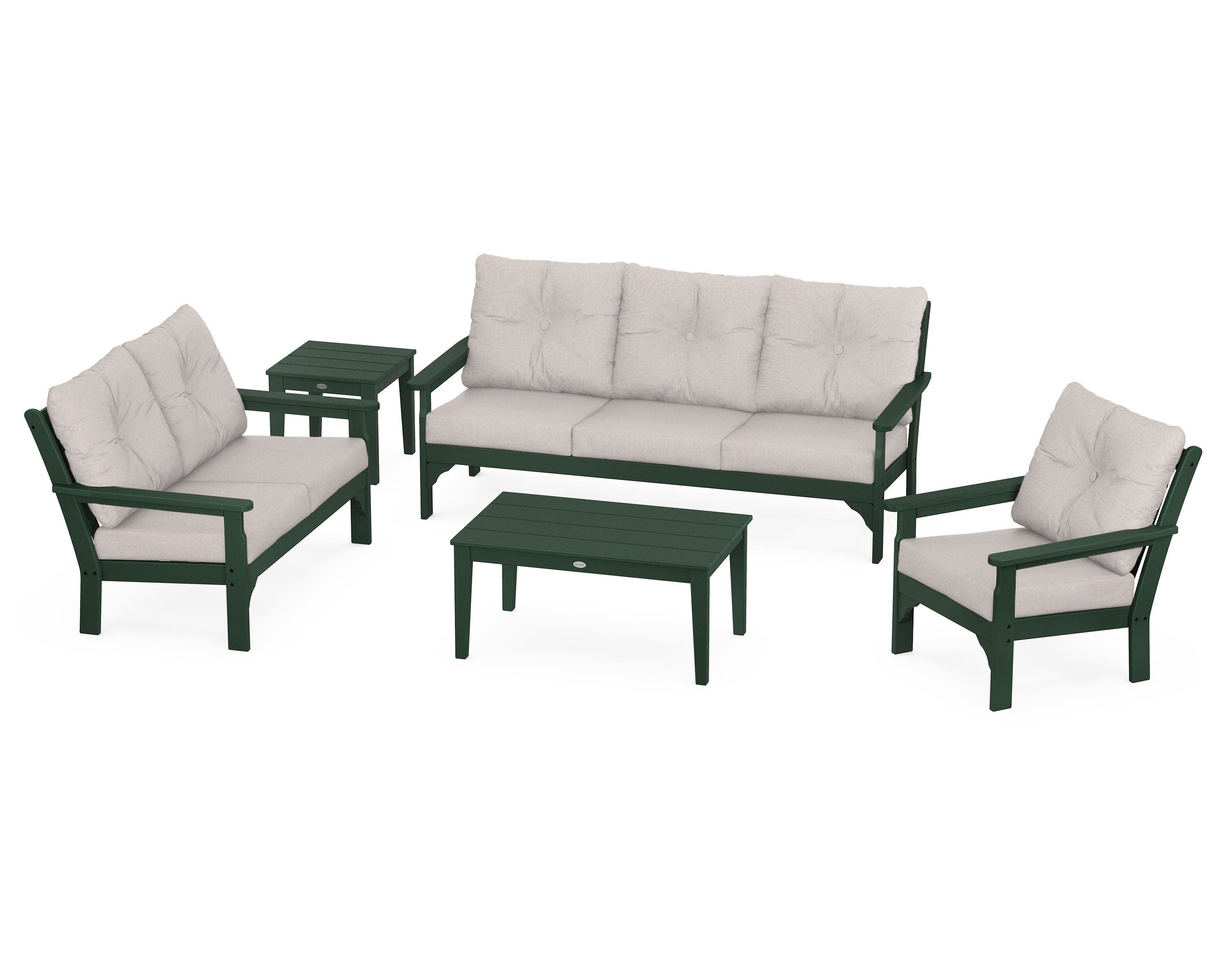 POLYWOOD® Vineyard 5 Piece Deep Seating Set in Green / Dune Burlap