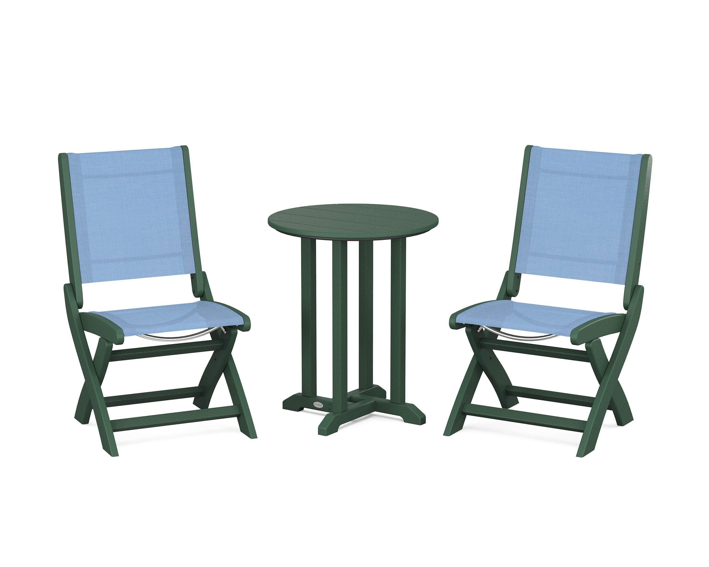 POLYWOOD® Coastal Folding Side Chair 3-Piece Round Bistro Dining Set in Green / Poolside Sling