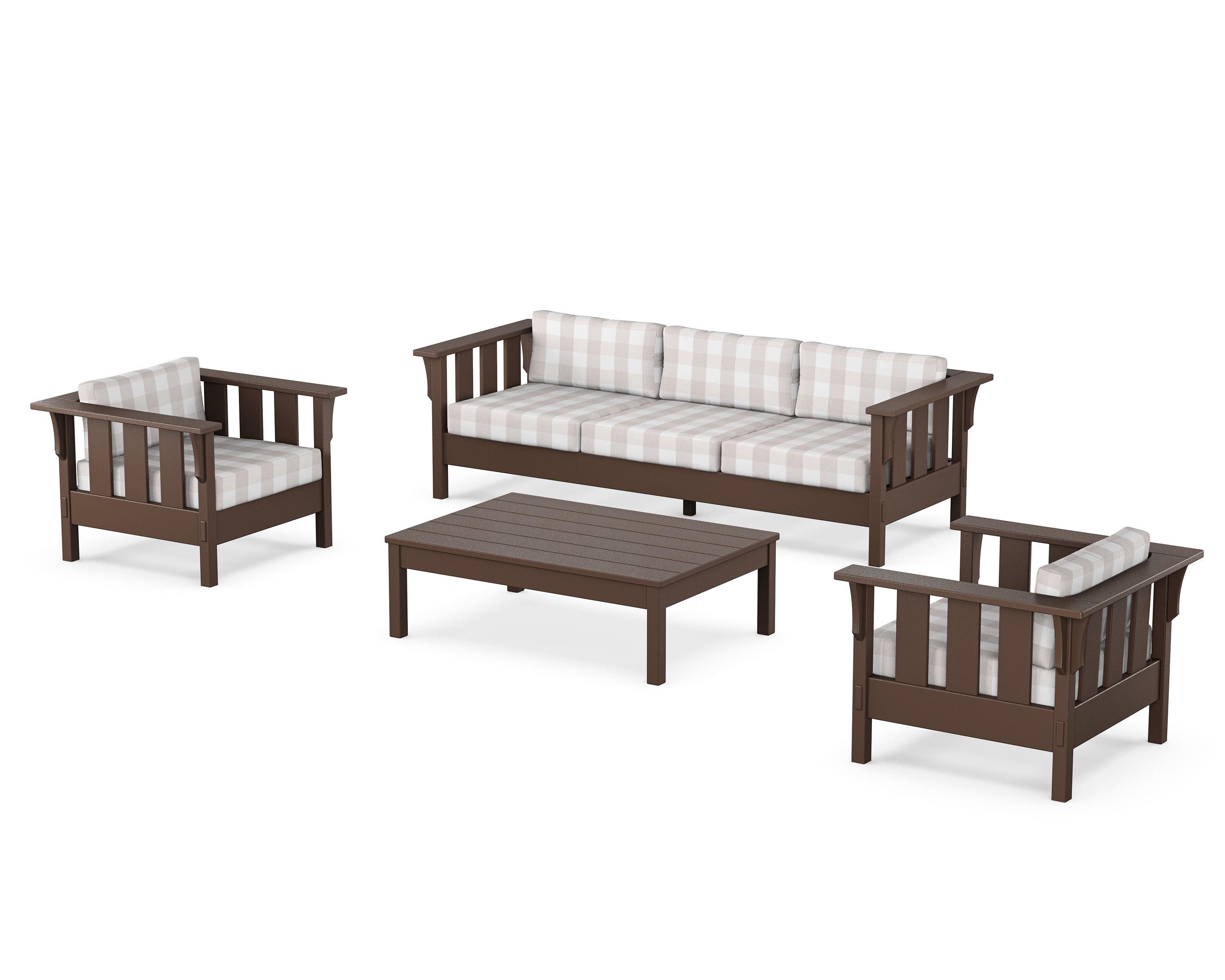 Martha Stewart by POLYWOOD® Acadia 4-Piece Deep Seating Set with Sofa in Mahogany / Buffalo Plaid Dune Burlap