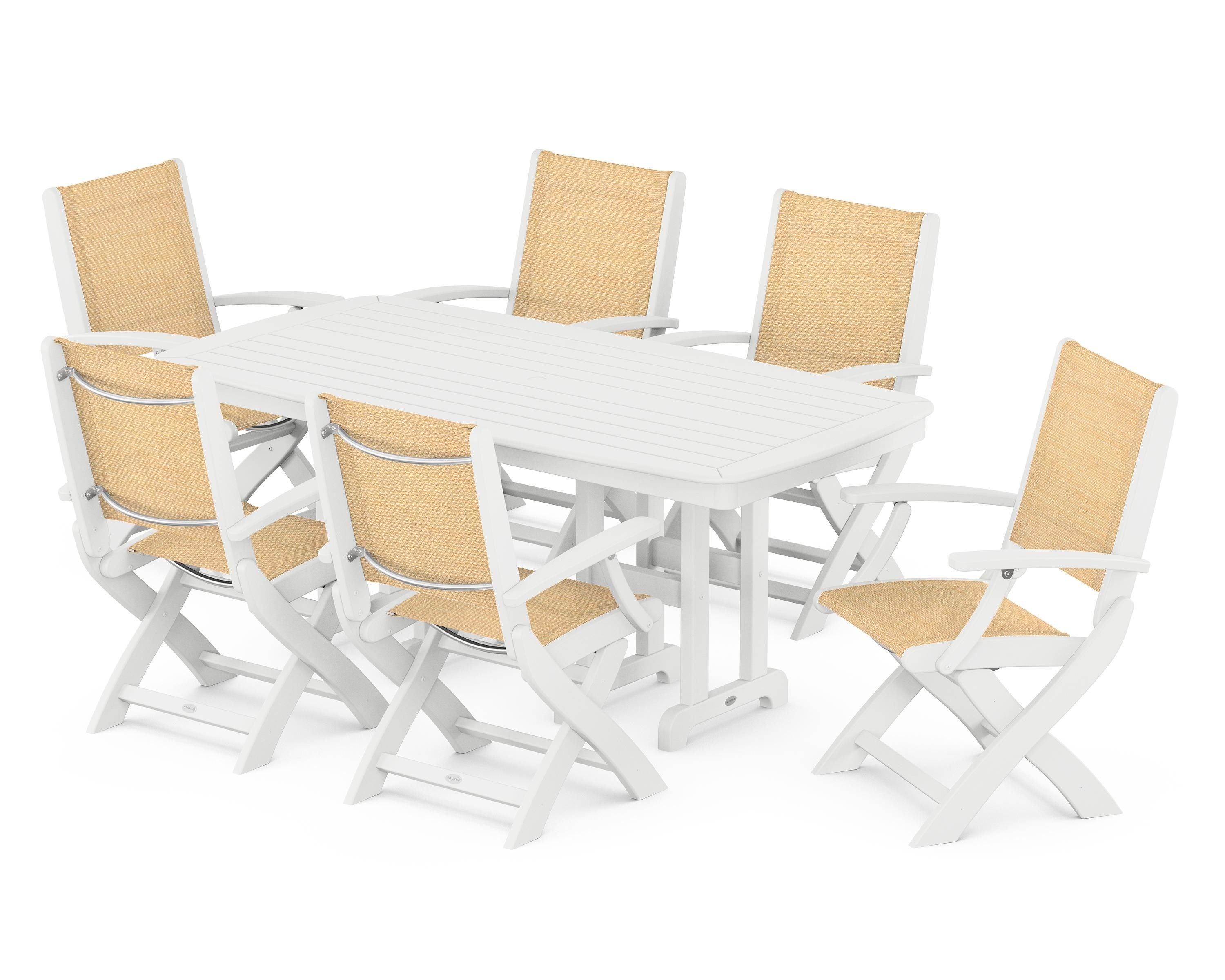 POLYWOOD® Coastal Folding Arm Chair 7-Piece Dining Set in White / Dupioni Apricot Sling