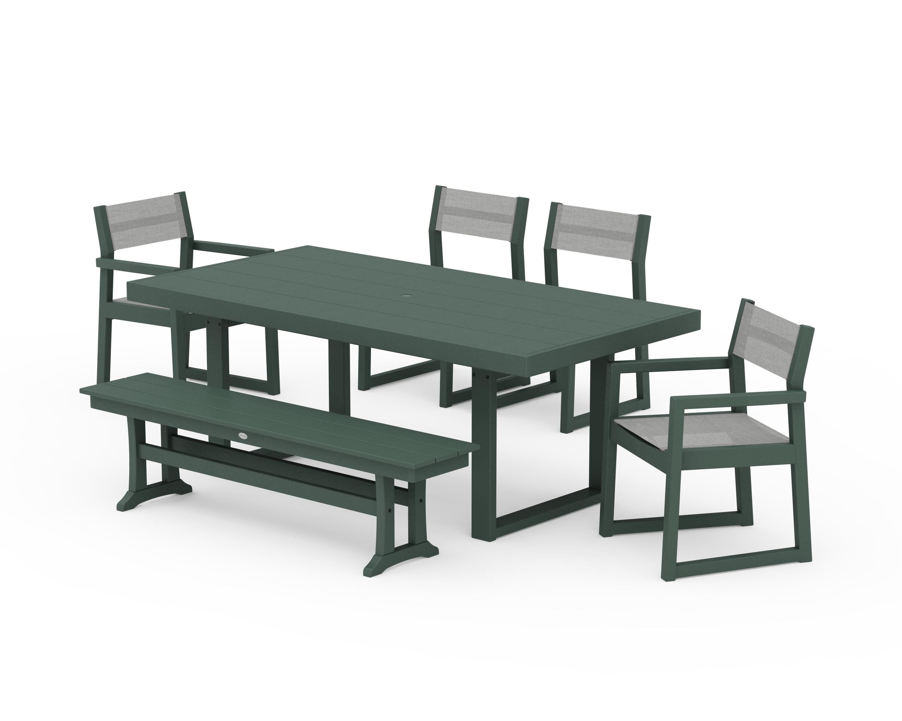 POLYWOOD® EDGE Sling 6-Piece Dining Set with Bench in Green / Metallic Sling