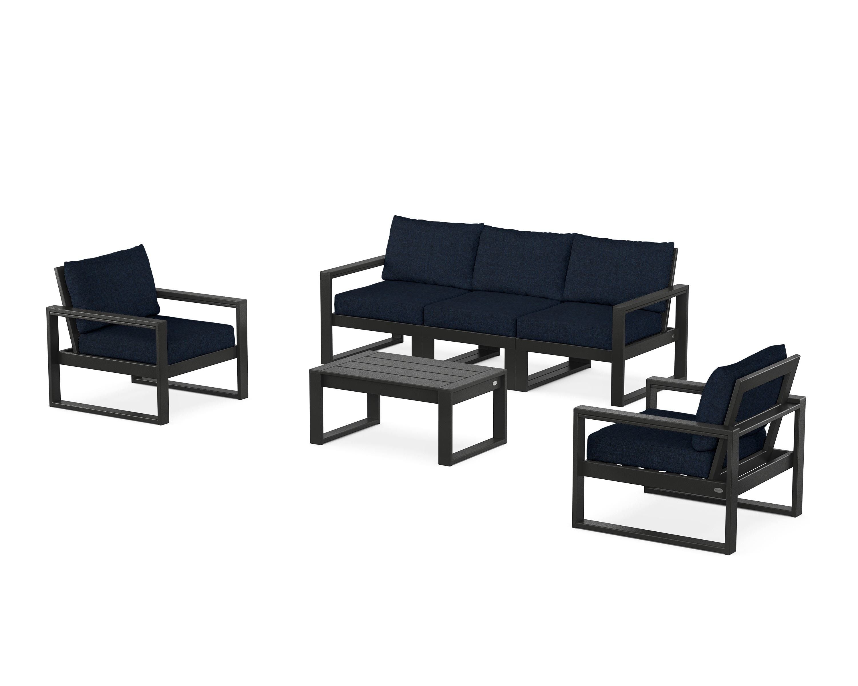 POLYWOOD® EDGE Sectional 4-Piece Deep Seating Set with Sofa in Black / Marine Indigo