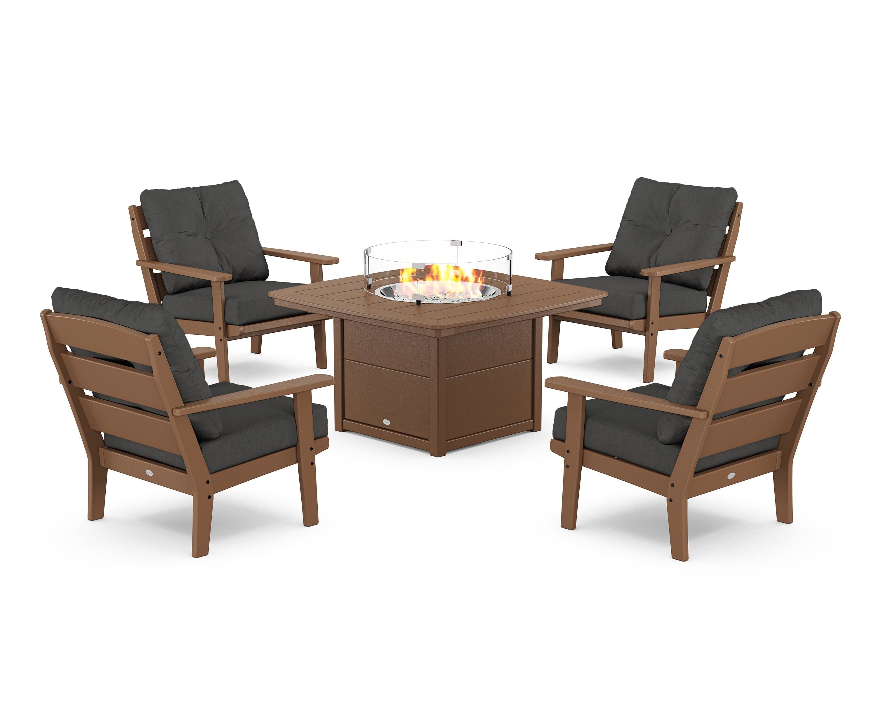 POLYWOOD® Lakeside 5-Piece Deep Seating Set with Nautical Fire Pit Table in Teak / Spectrum Carbon