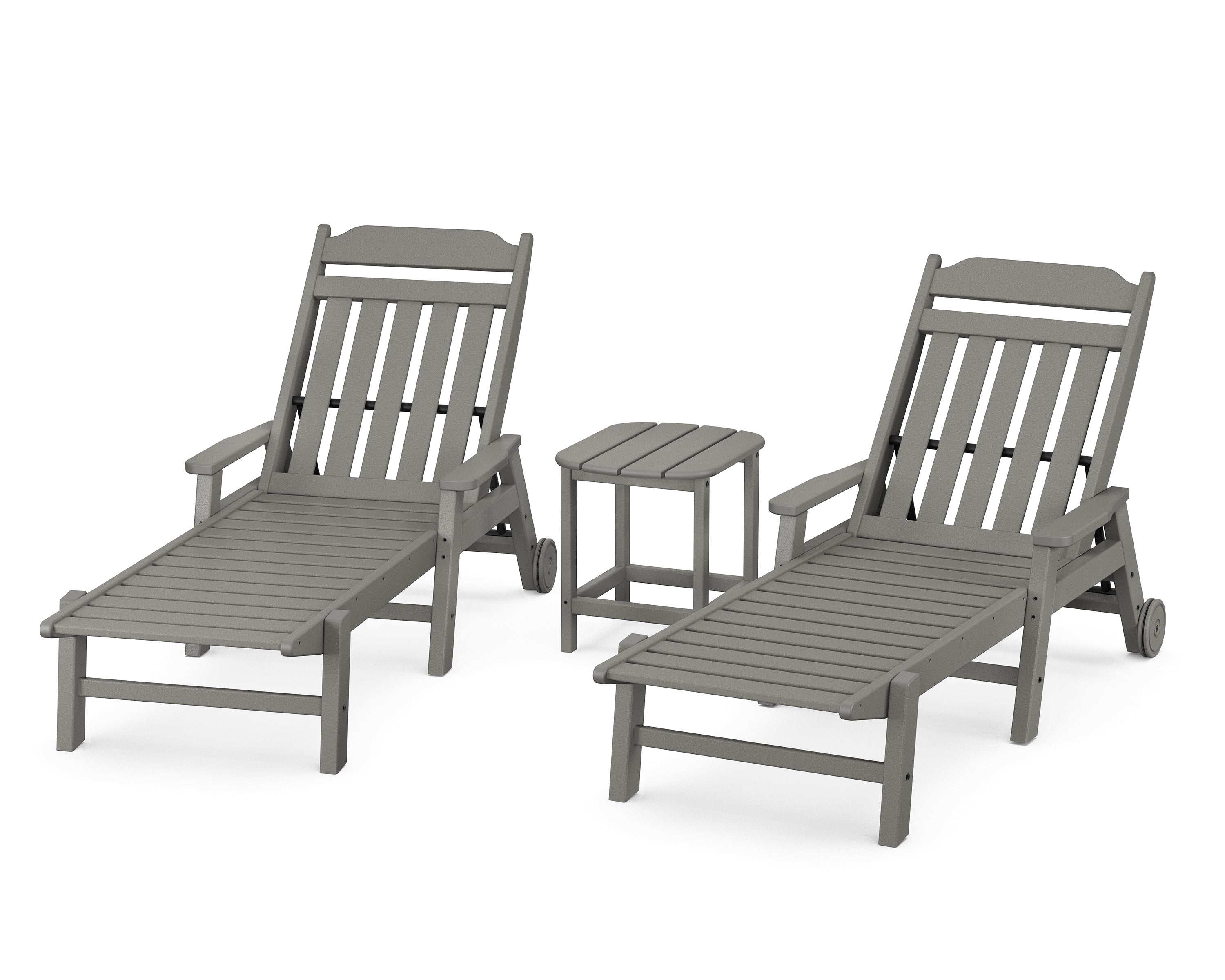 Country Living Cottage 3-Piece Chaise Set with Arms and Wheels in Slate Grey