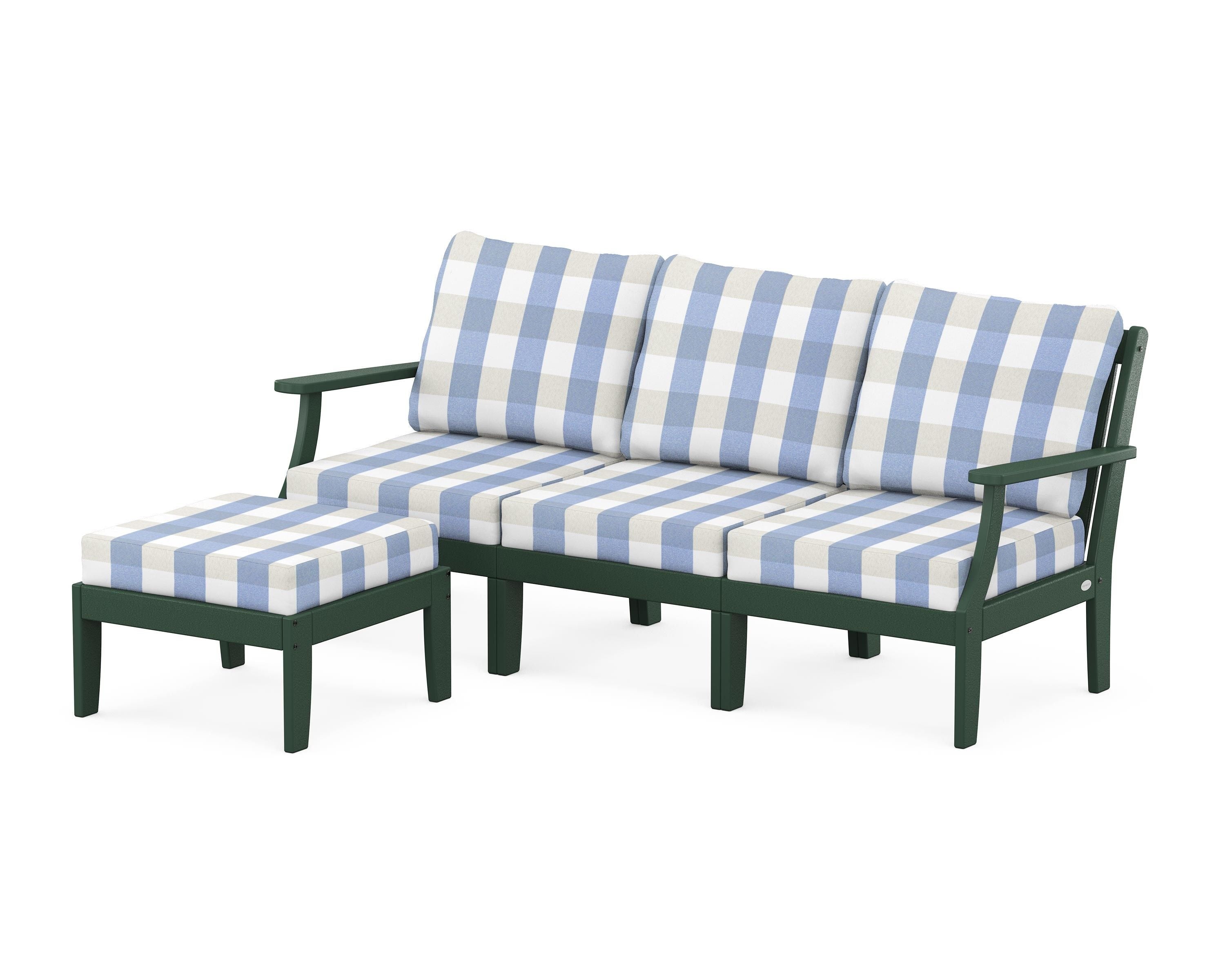 POLYWOOD® Braxton Modular 4-Piece Deep Seating Set with Ottoman in Green / Buffalo Plaid Sky Blue