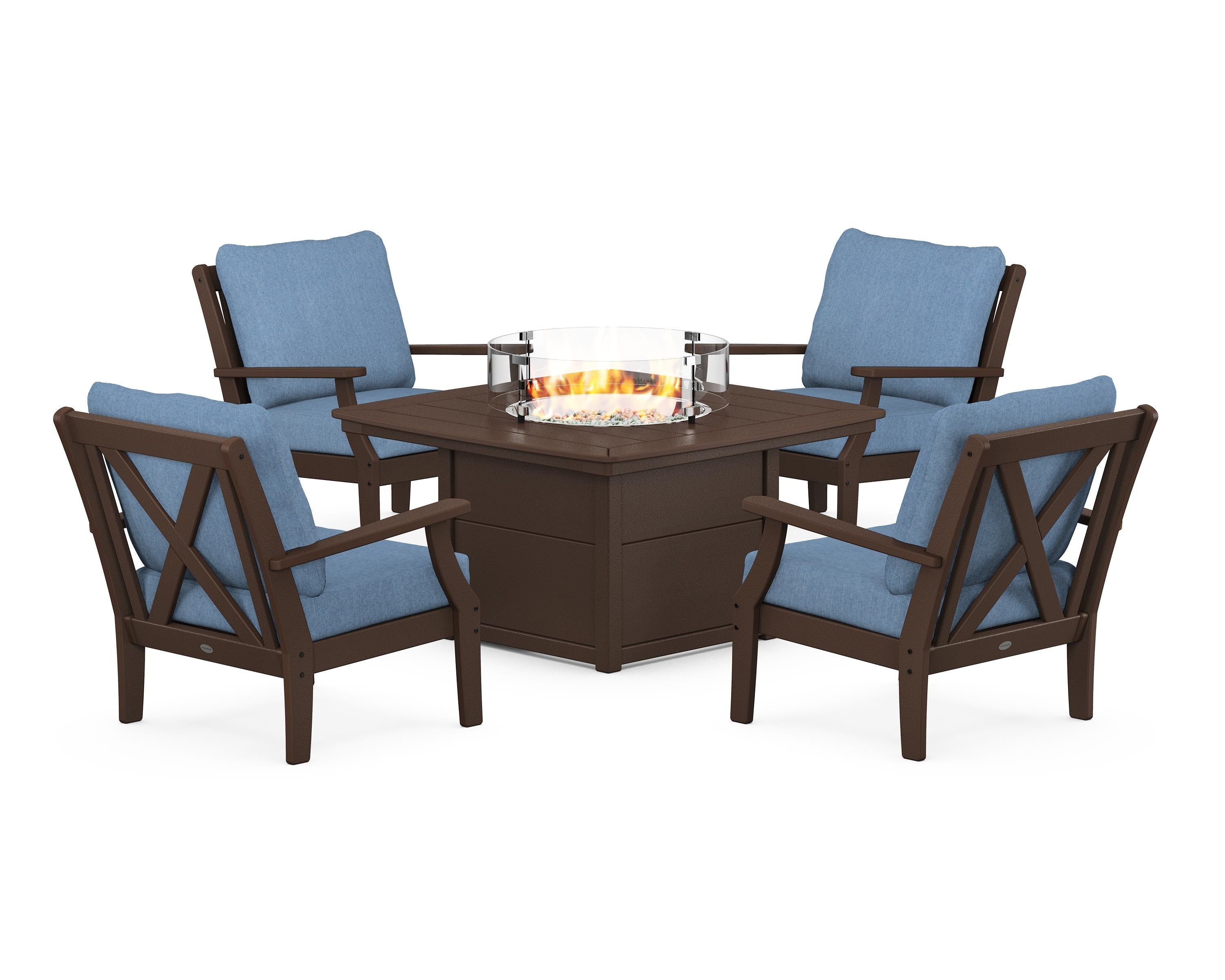 POLYWOOD® Braxton 5-Piece Deep Seating Conversation Set with Fire Pit Table in Mahogany / Sky Blue