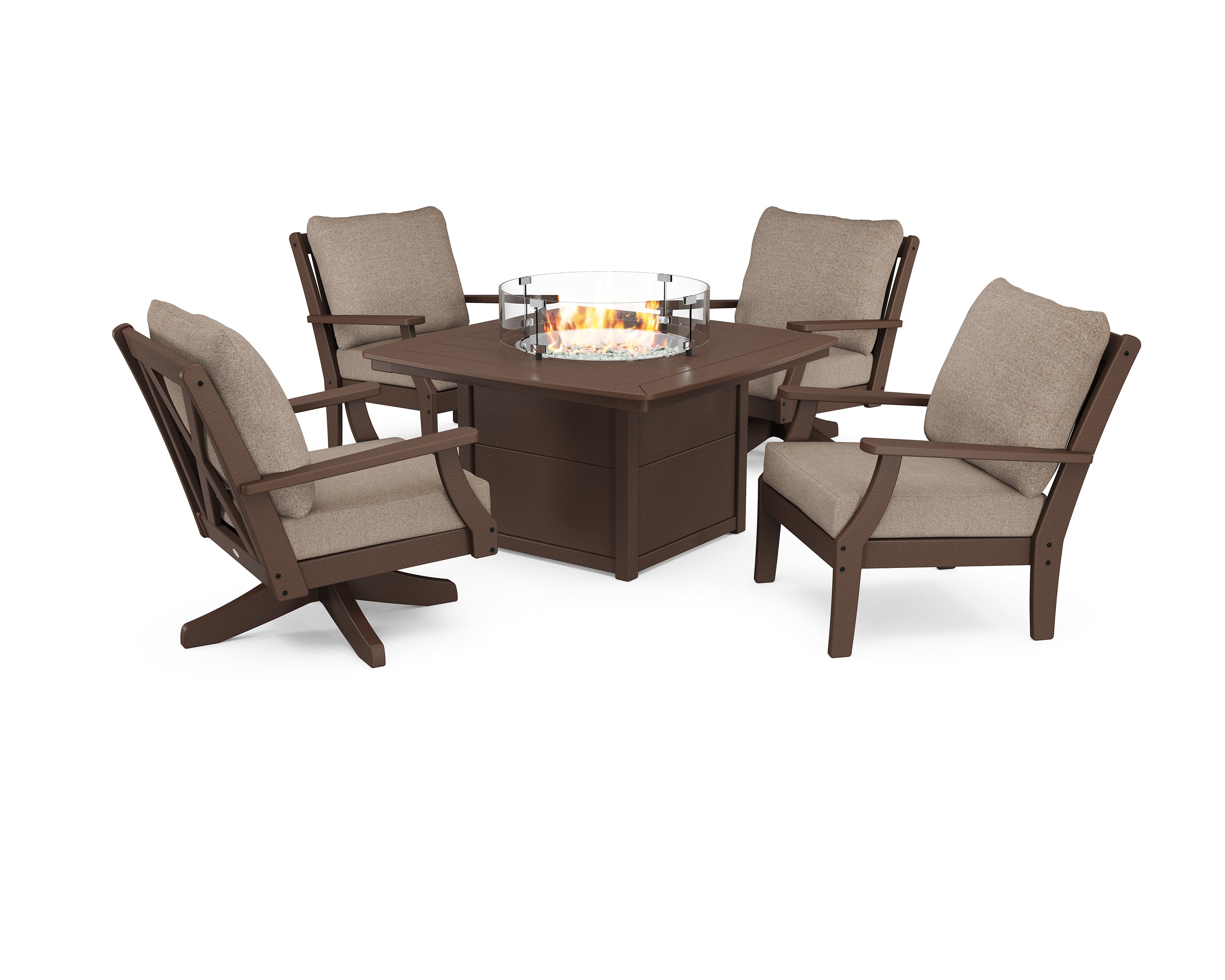 POLYWOOD® Braxton 5-Piece Deep Seating Set with Fire Table in Mahogany / Spiced Burlap