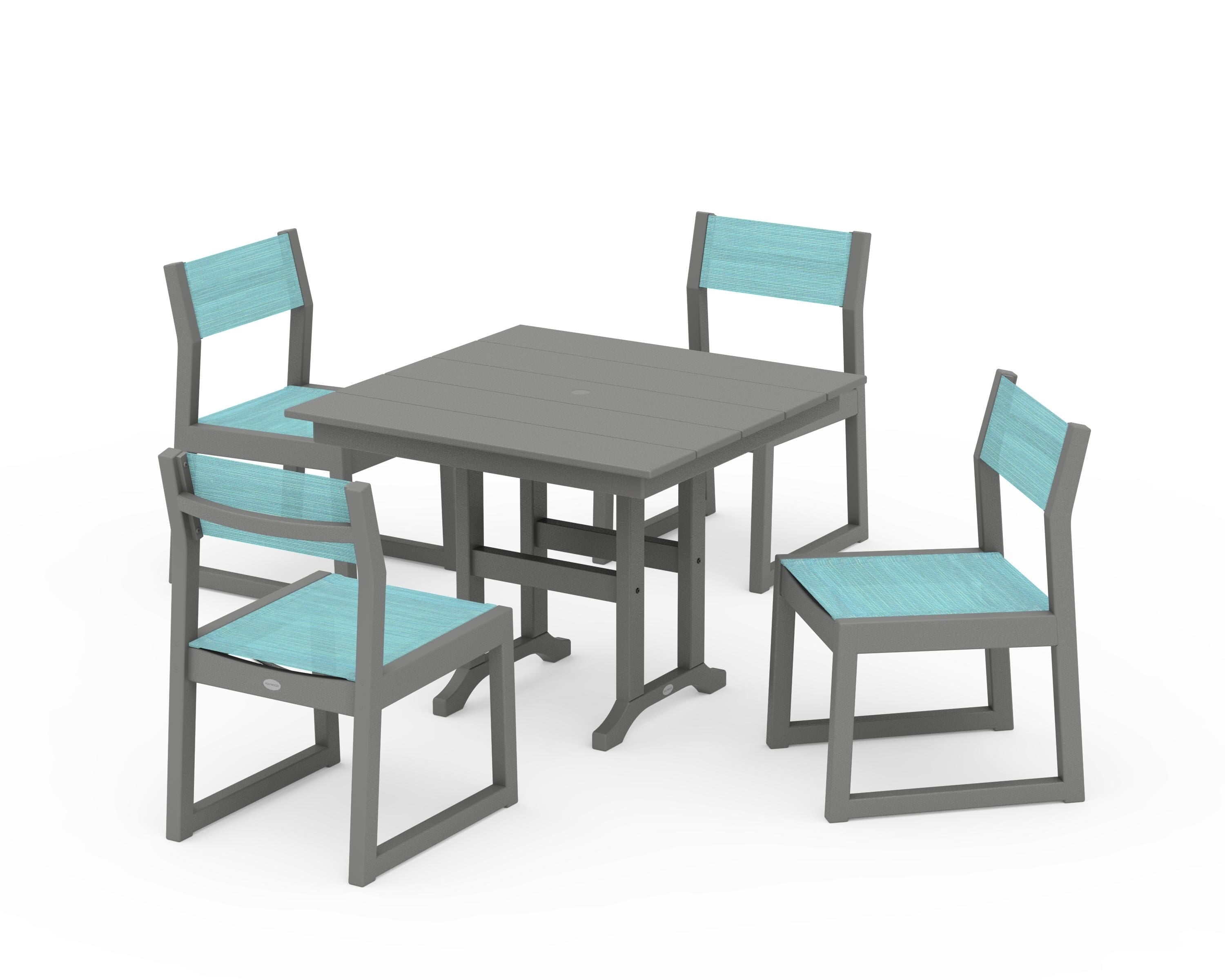 POLYWOOD® EDGE Sling Side Chair 5-Piece Farmhouse Dining Set in Slate Grey / Dupioni Aquamarine Sling