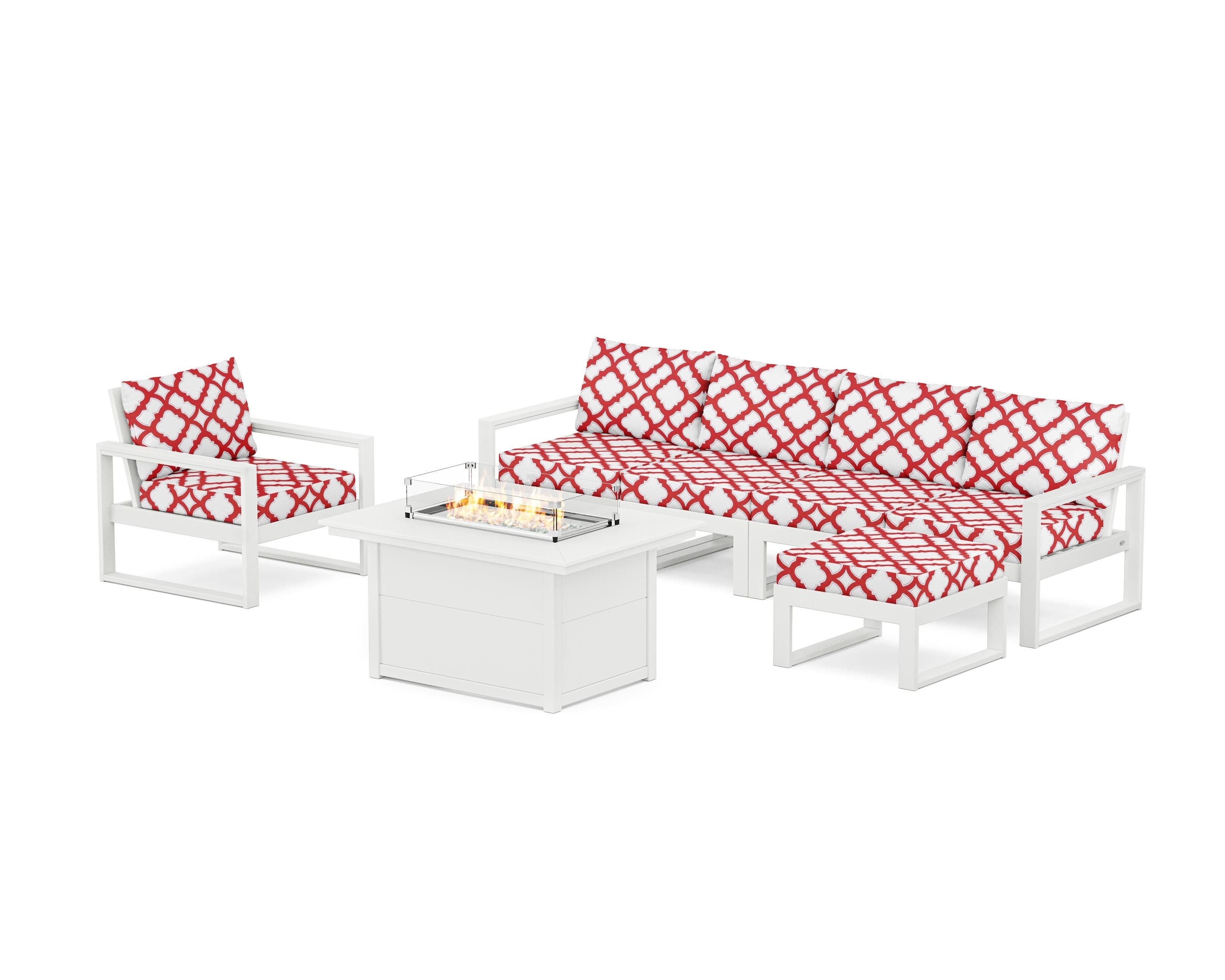 POLYWOOD® EDGE Sectional Lounge and Fire Pit Set in White / Trellis Crimson