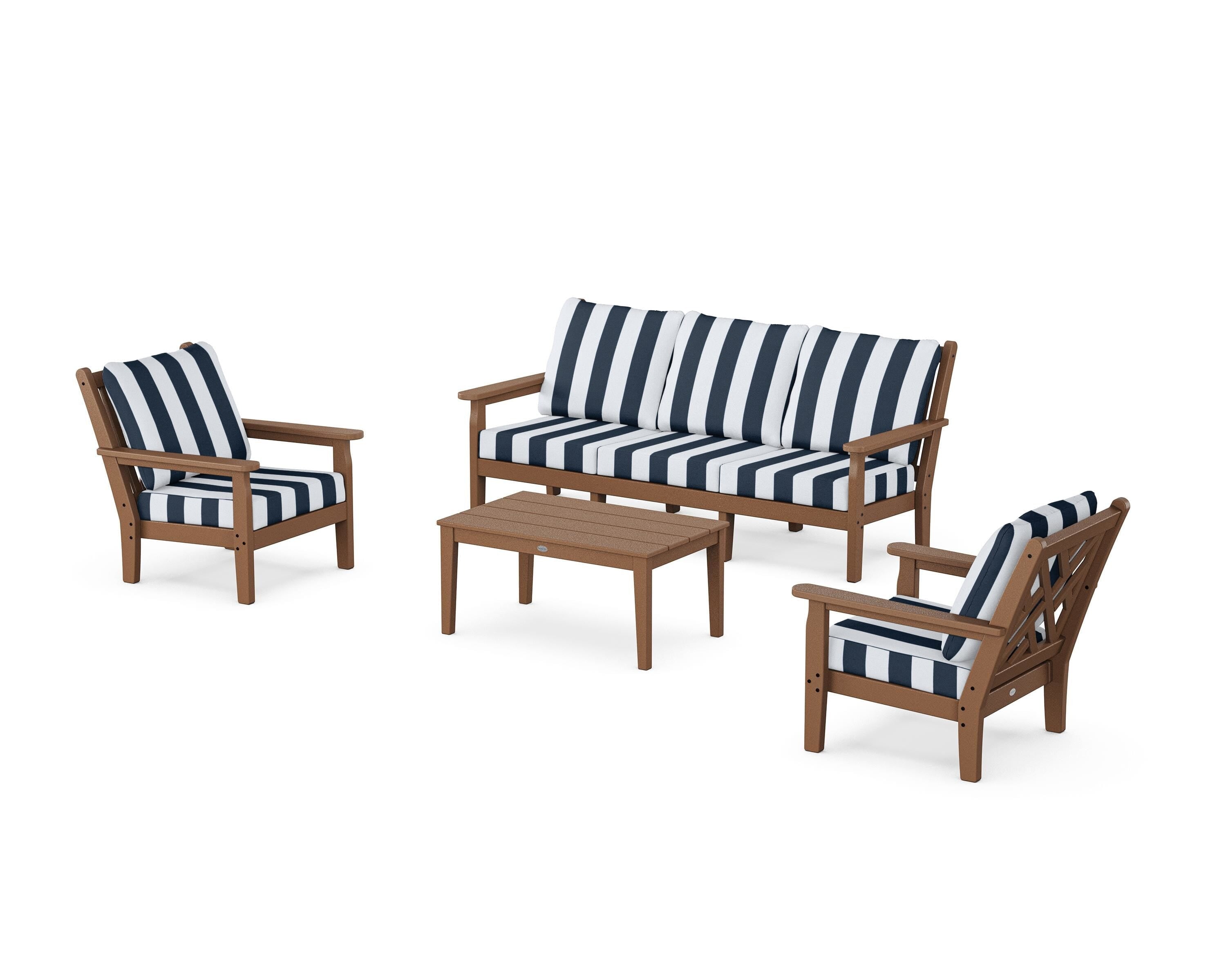 POLYWOOD® Chippendale 4-Piece Deep Seating Set with Sofa in Teak / Cabana Stripe Marine Indigo