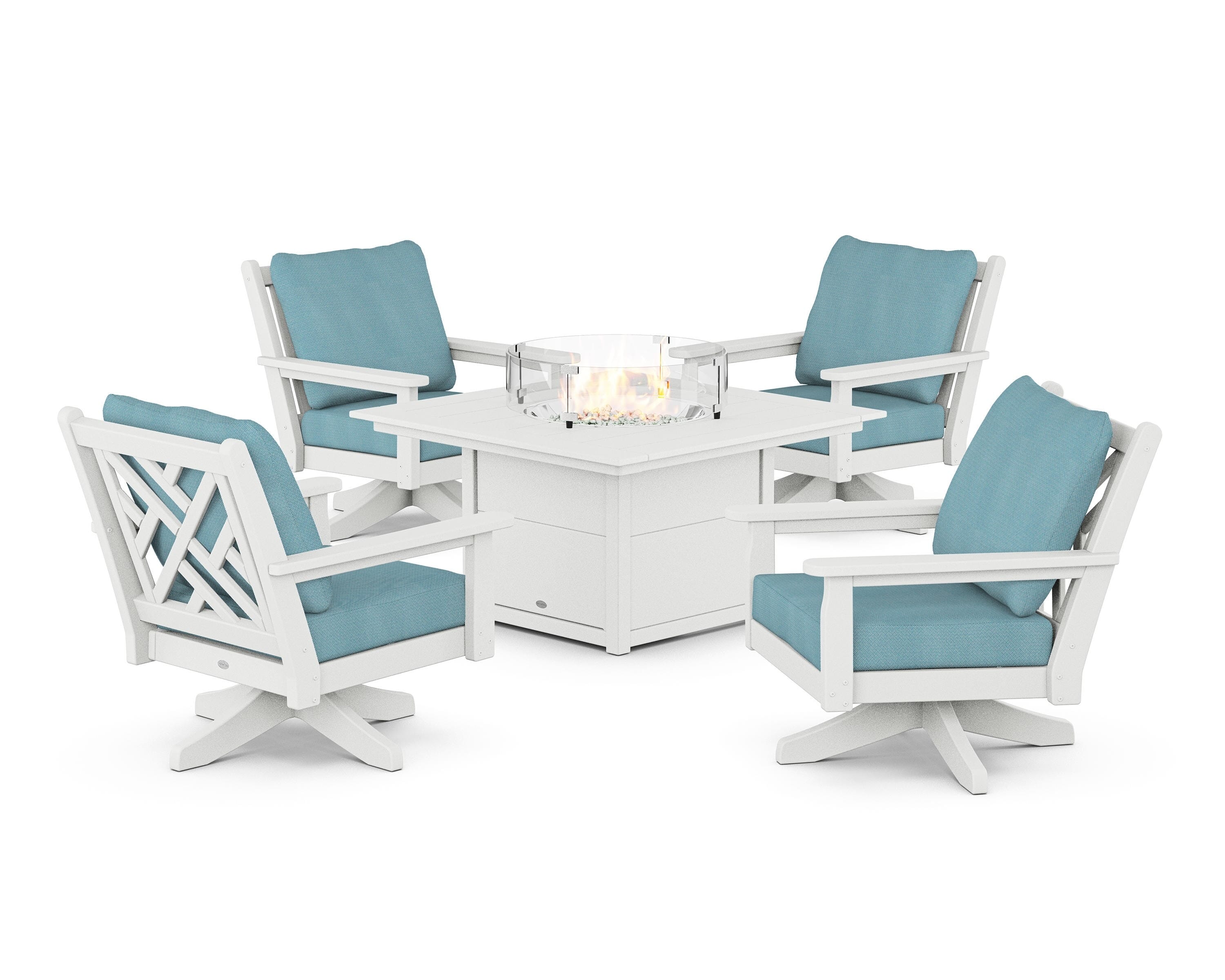 POLYWOOD® Chippendale 5-Piece Deep Seating Swivel Conversation Set with Fire Pit Table in White / Lattice Sky Blue