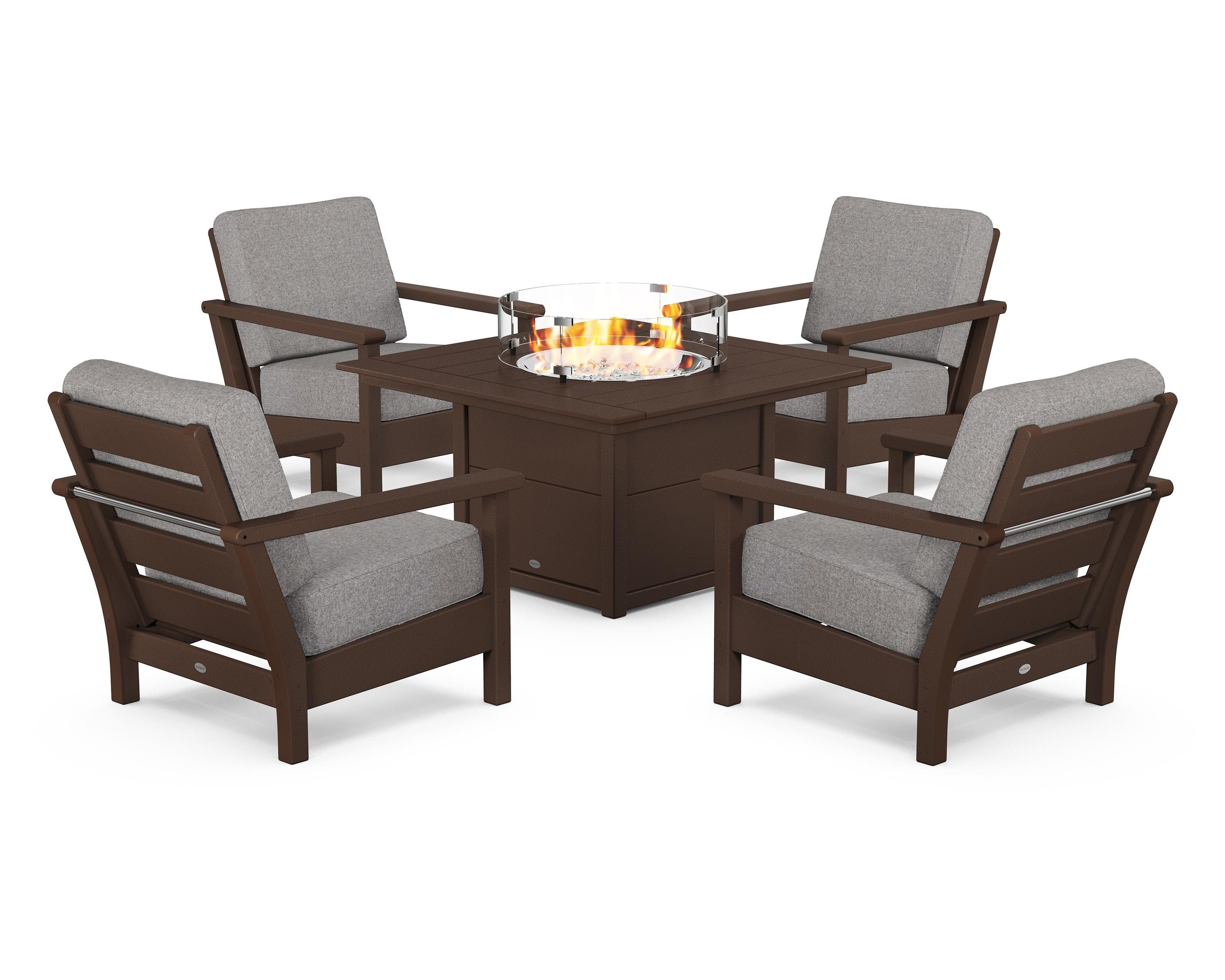POLYWOOD® Harbour 5-Piece Conversation Set with Fire Pit Table in Mahogany / Grey Mist