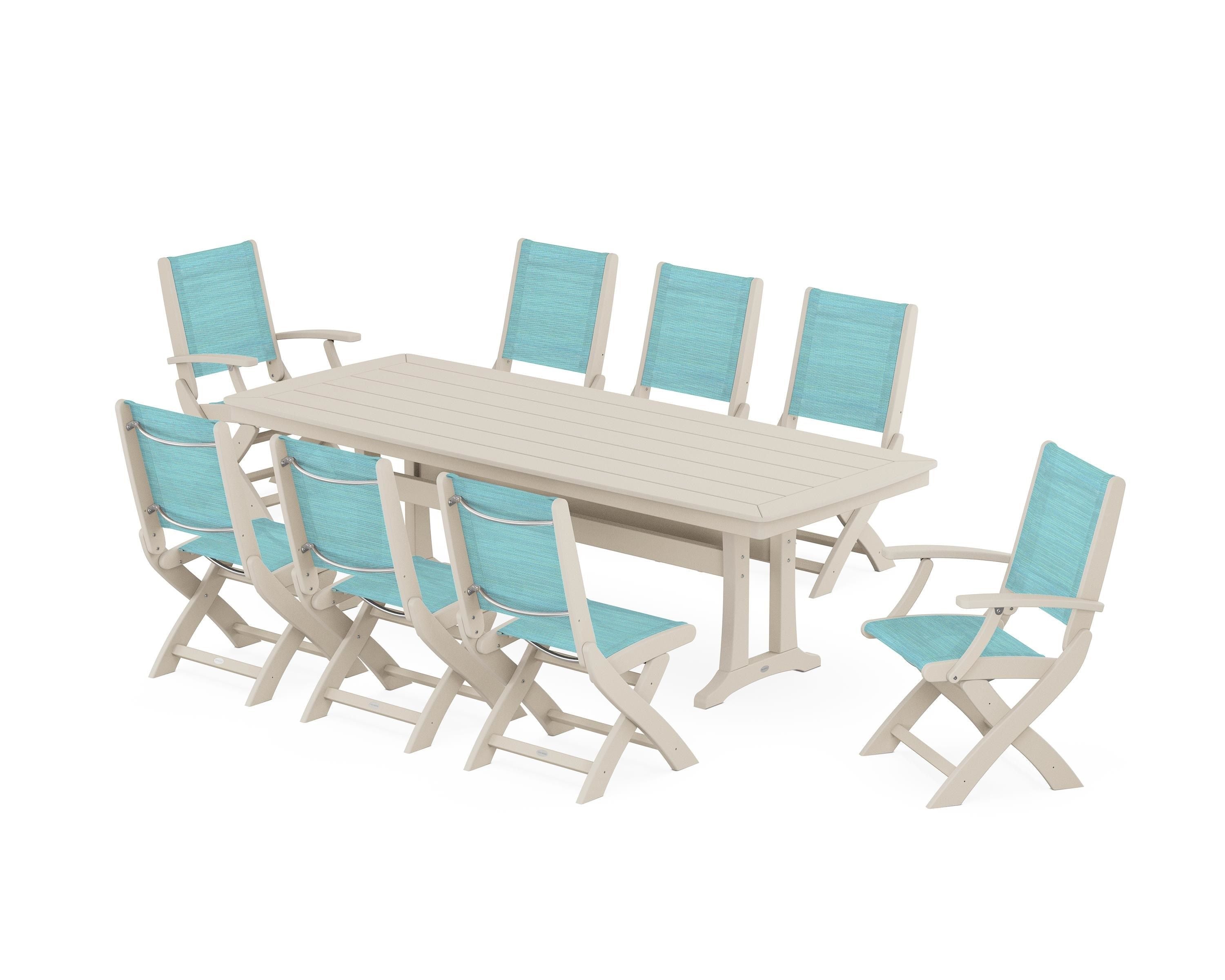 POLYWOOD® Coastal Folding 9-Piece Dining Set with Trestle Legs in Sand / Dupioni Aquamarine Sling