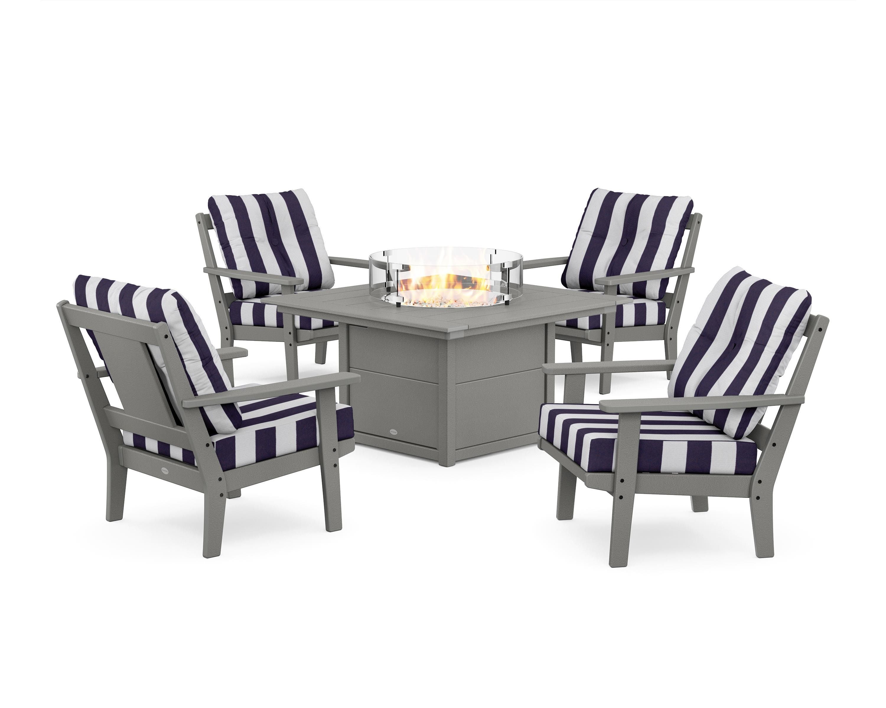 POLYWOOD® Prairie 5-Piece Deep Seating Set with Fire Pit Table in Slate Grey / Cabana Stripe Navy