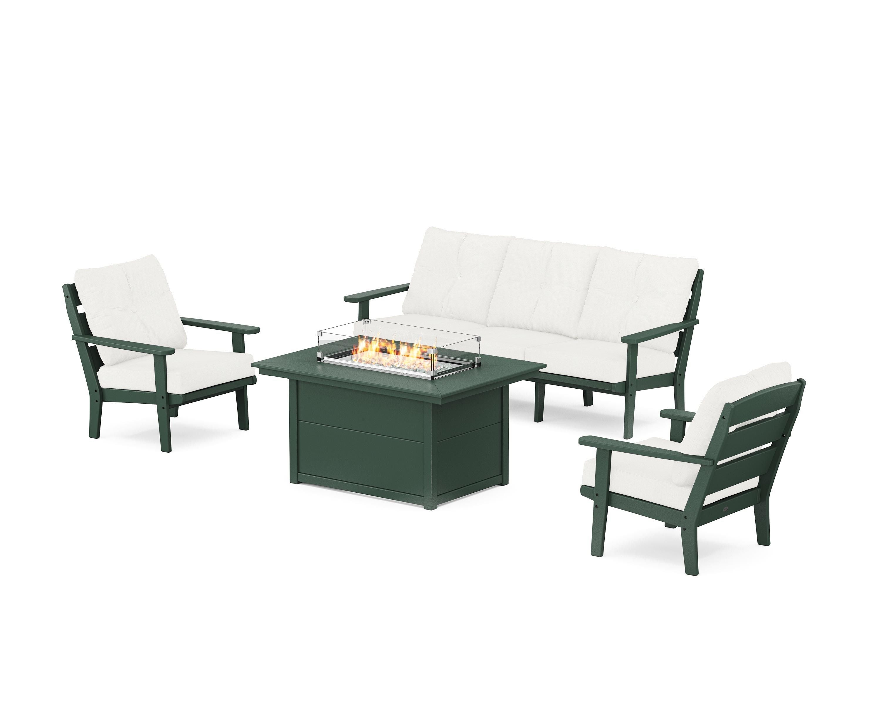 POLYWOOD® Lakeside Deep Seating Fire Pit Table Set in Green / Natural Linen
