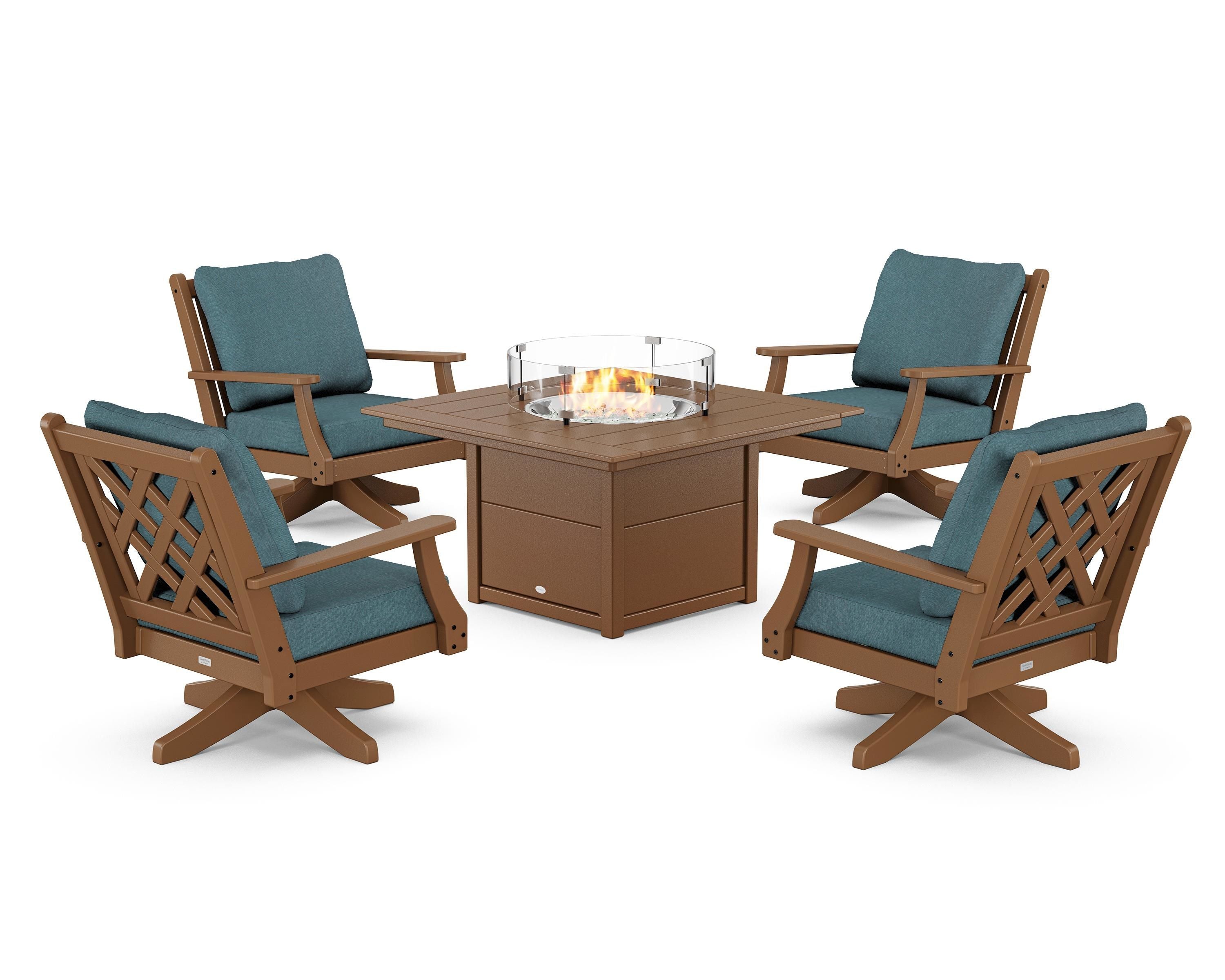Country Living Wovendale 5-Piece Deep Seating Swivel Conversation Set with Fire Pit Table in Teak / Ocean Teal