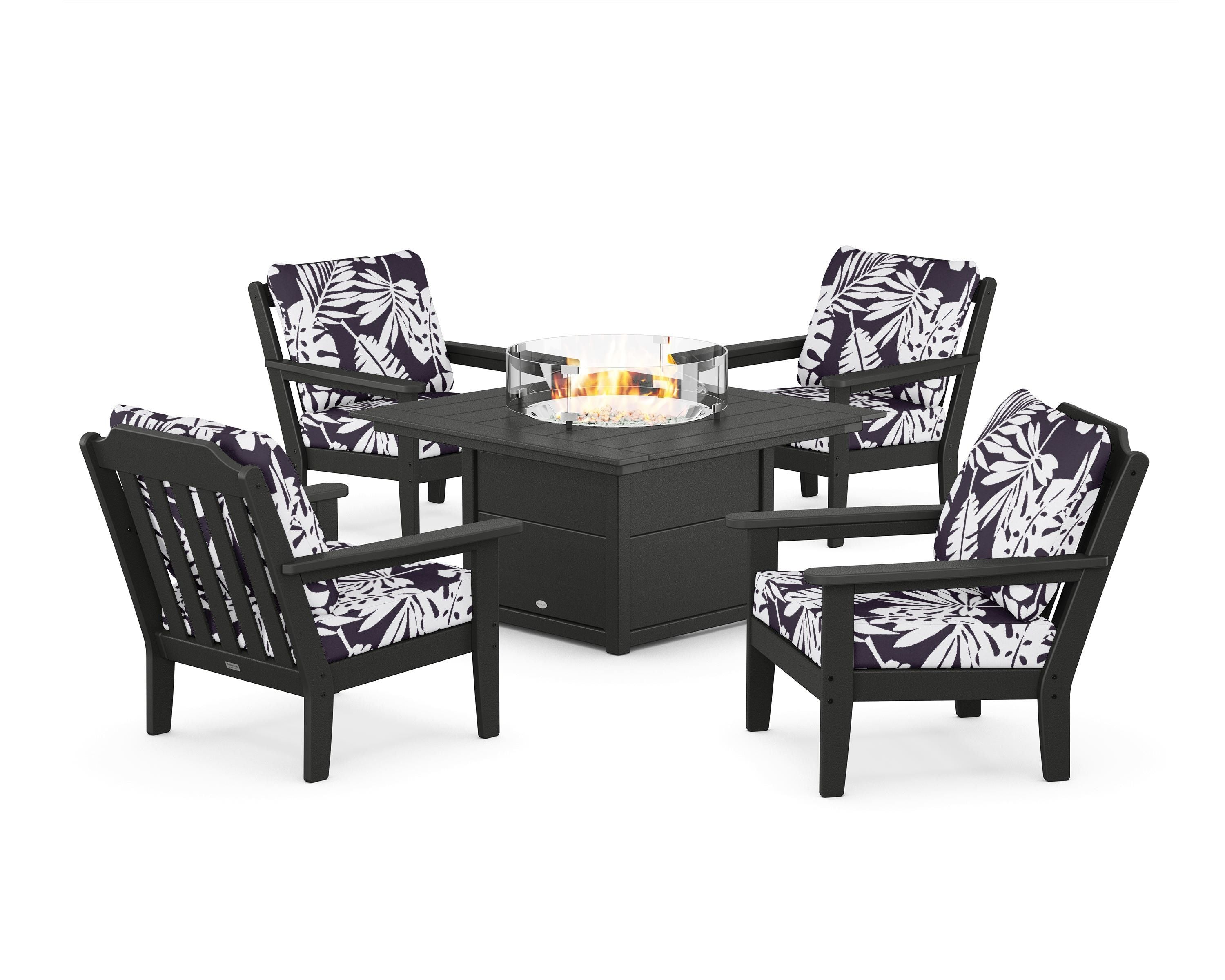 Country Living Cottage 5-Piece Deep Seating Set with Fire Pit Table in Black / Leaf Navy