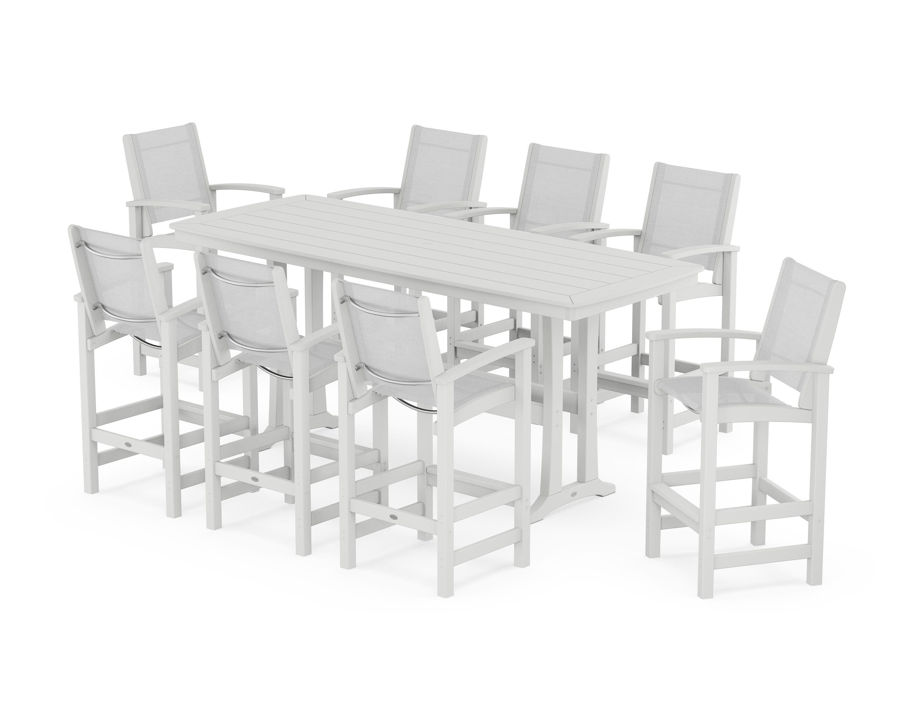 POLYWOOD® Coastal 9-Piece Bar Set with Trestle Legs in White / White Sling