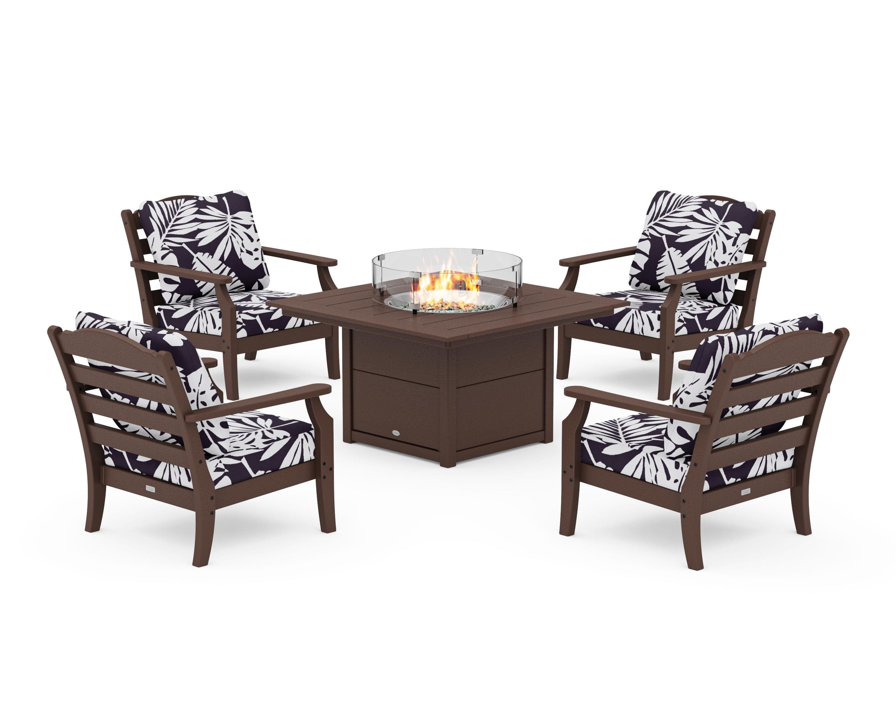 Draper James™ by POLYWOOD® Savannah 5-Piece Deep Seating Set with Fire Pit Table in Mahogany / Leaf Navy