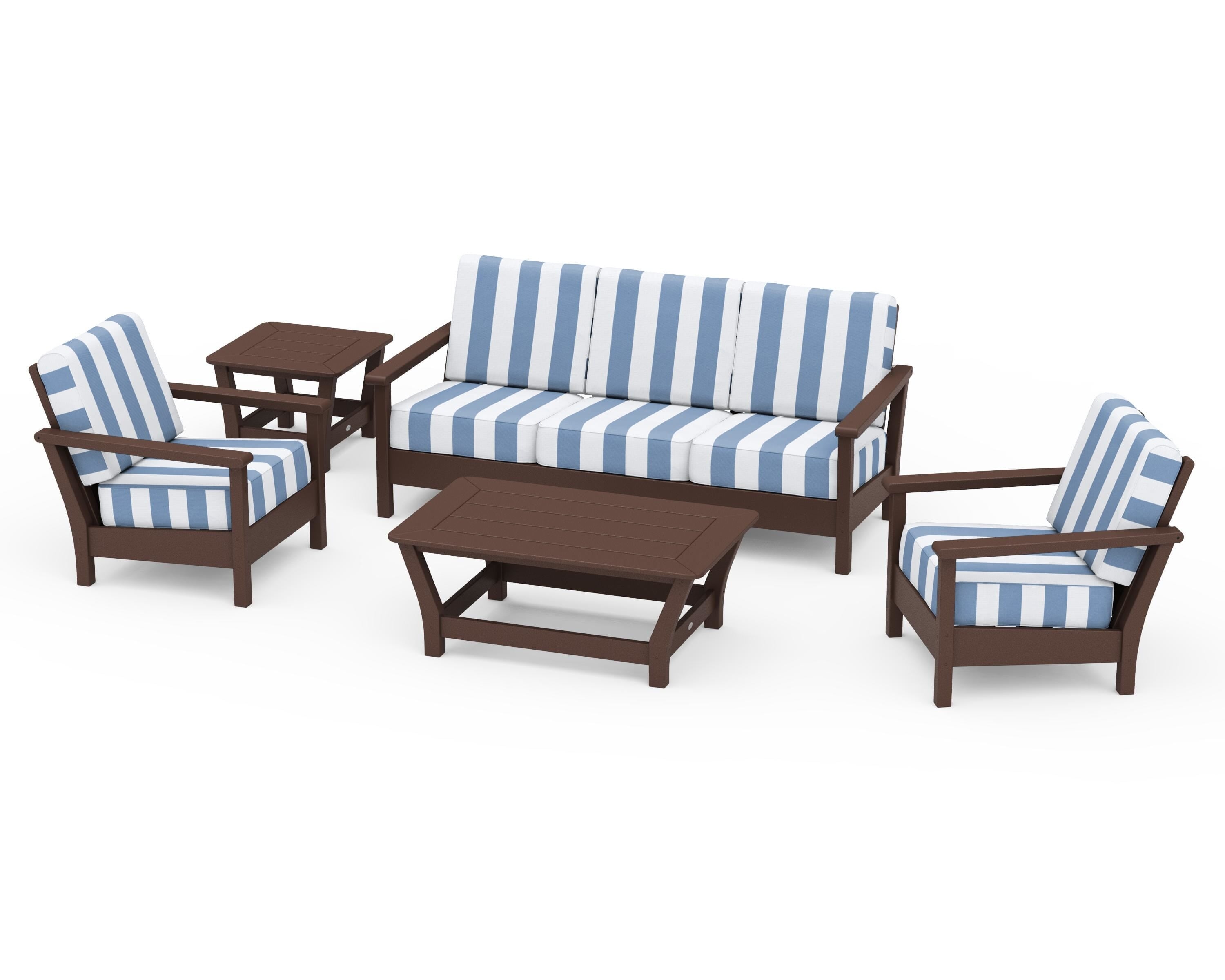 POLYWOOD® Harbour 5-Piece Deep Seating Set in Mahogany / Cabana Stripe Sky Blue