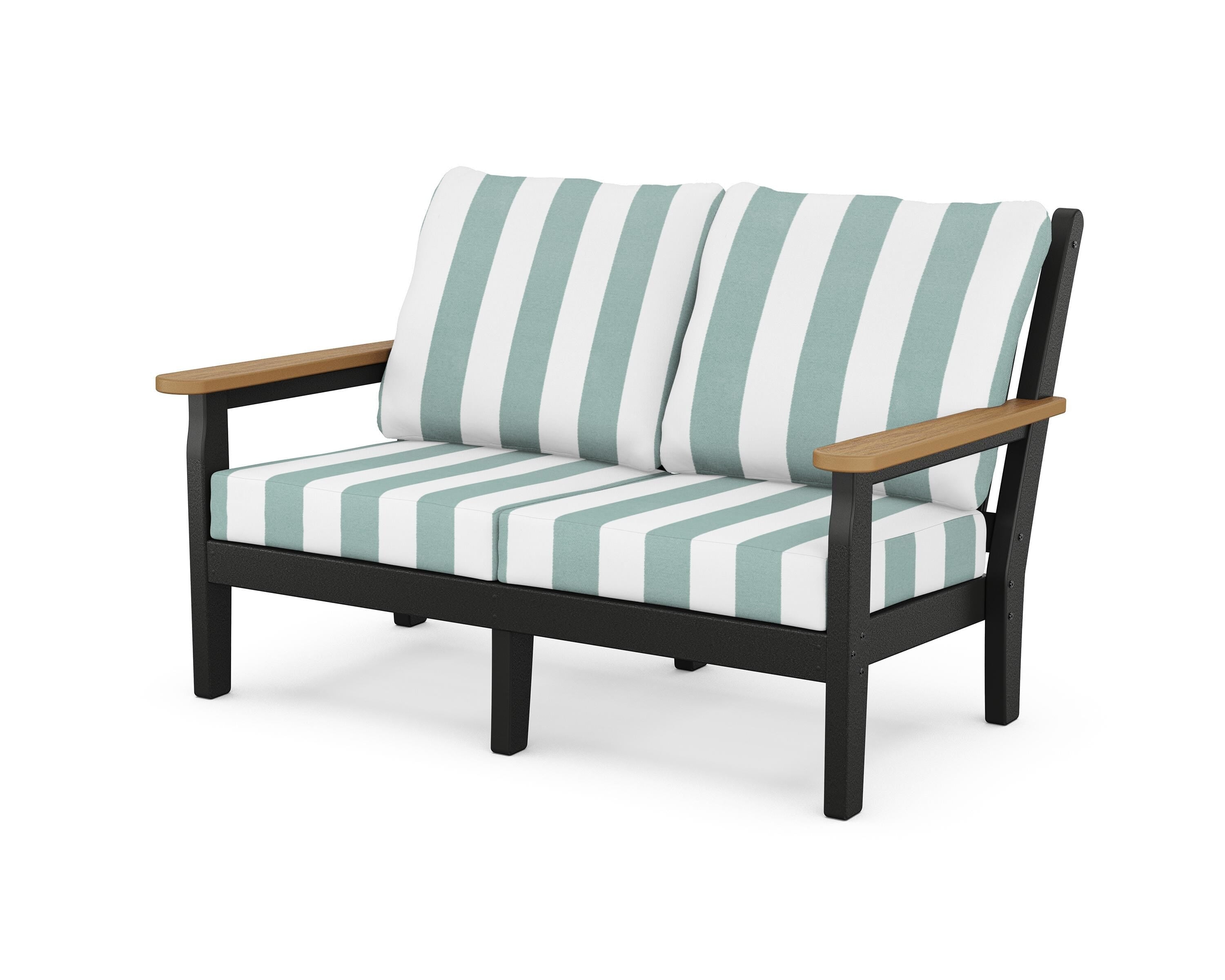POLYWOOD® Chippendale Deep Seating Loveseat in Black / Natural / Cabana Stripe Glacier Spa