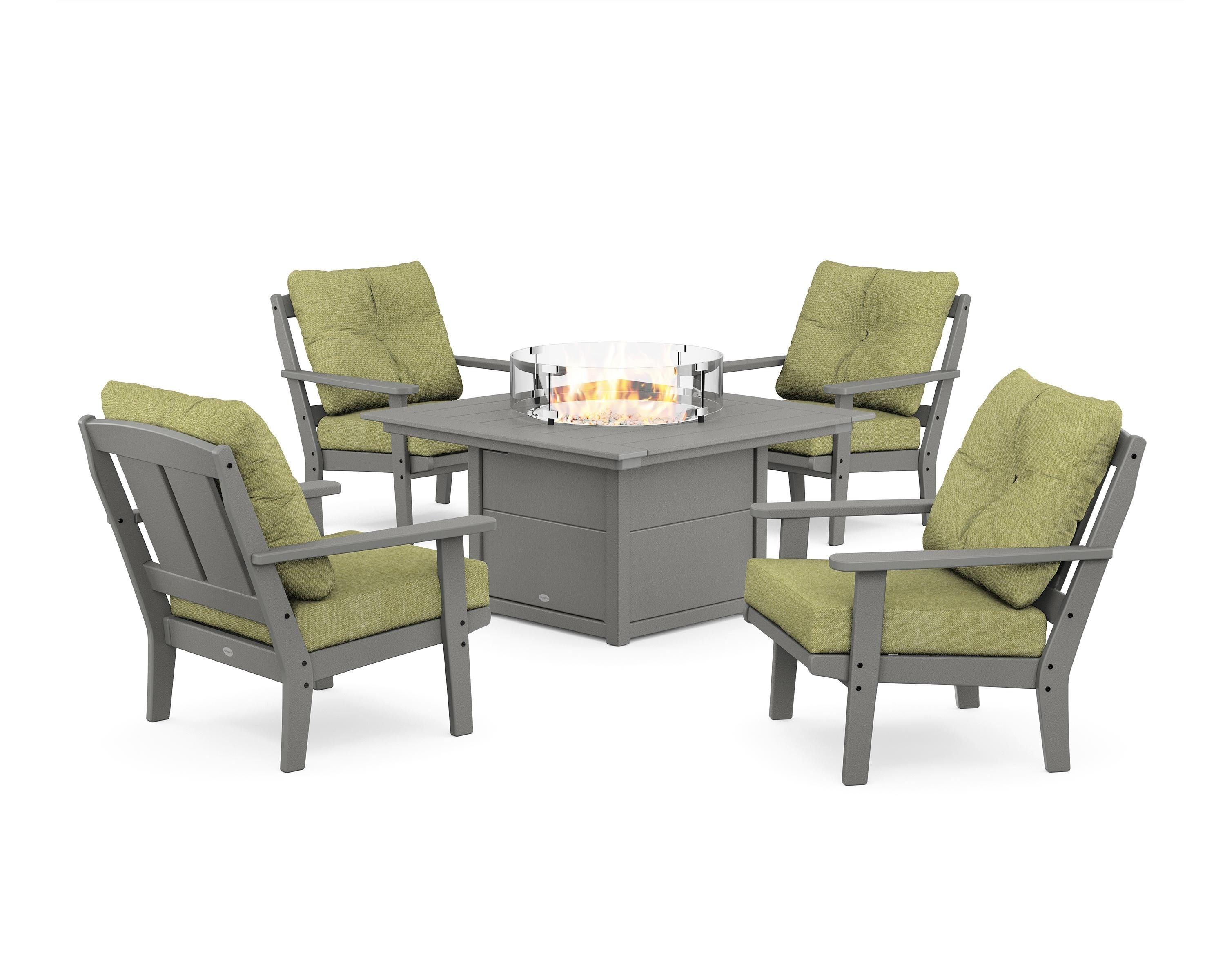 POLYWOOD® Mission 5-Piece Deep Seating Set with Fire Pit Table in Slate Grey / Chartreuse Boucle
