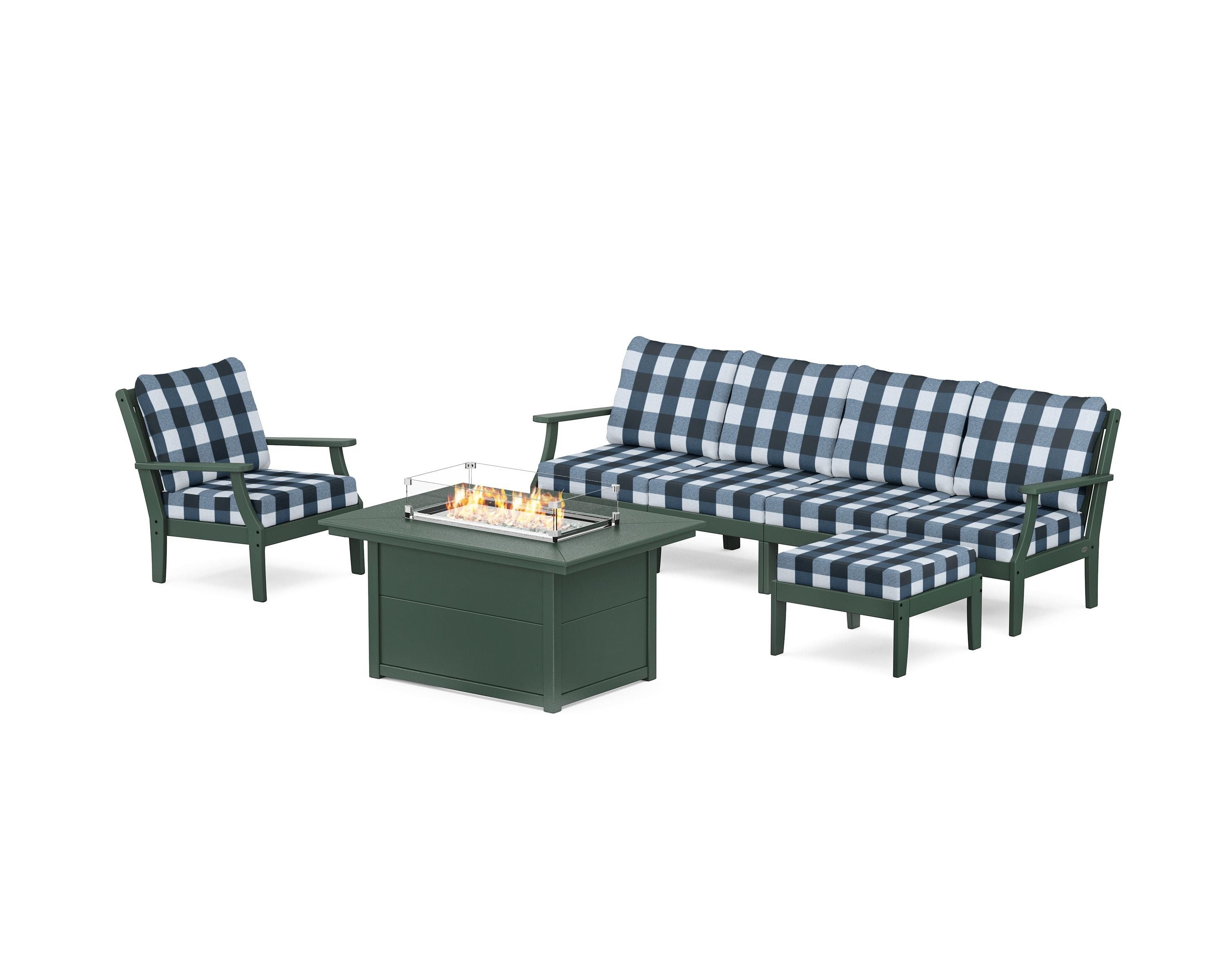POLYWOOD® Braxton Sectional Lounge and Fire Pit Set in Green / Buffalo Plaid Marine Indigo
