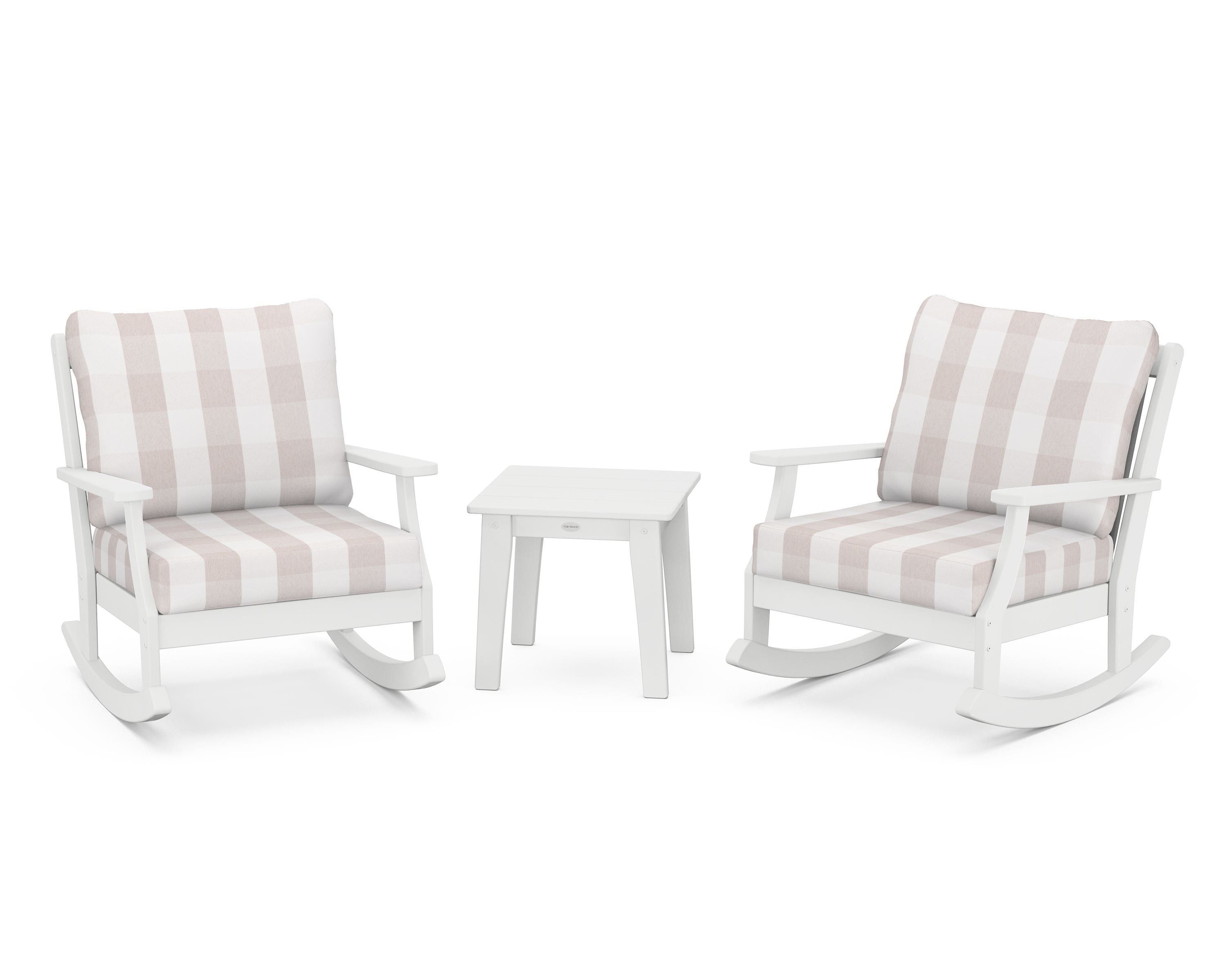 POLYWOOD® Braxton 3-Piece Deep Seating Rocker Set in White / Buffalo Plaid Dune Burlap