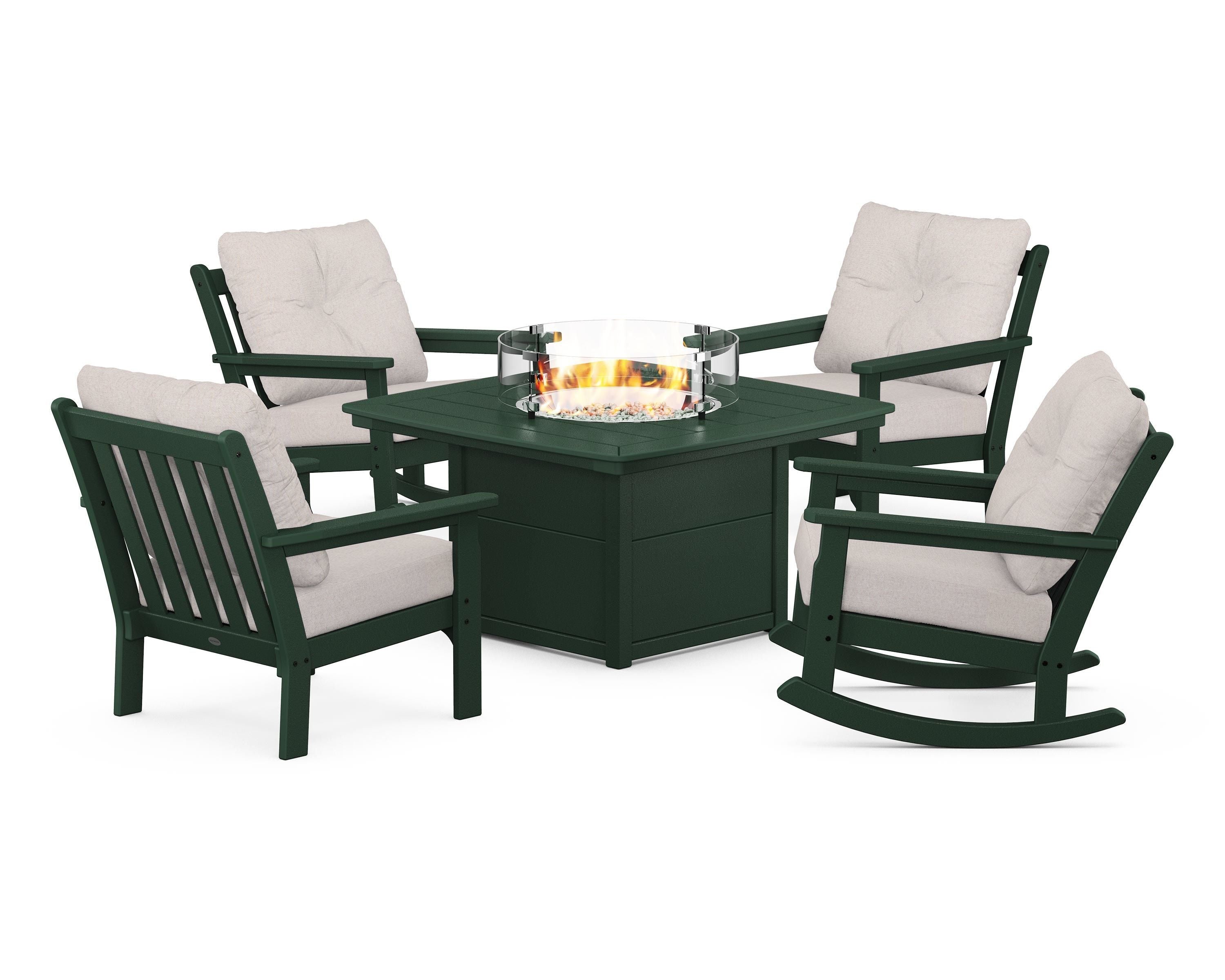 POLYWOOD® Vineyard 5-Piece Deep Seating Rocking Chair Conversation Set with Fire Pit Table in Green / Dune Burlap