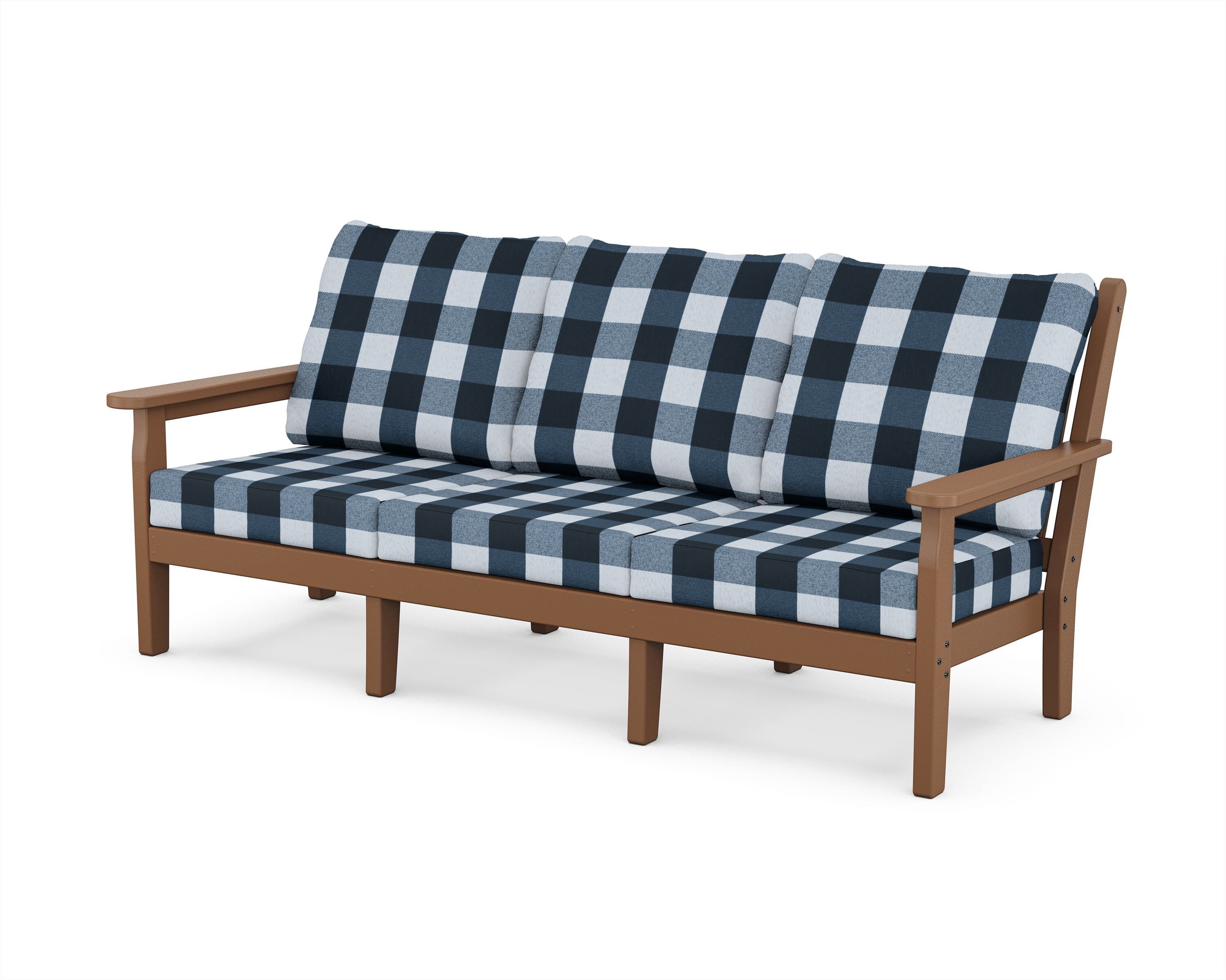 POLYWOOD® Chippendale Deep Seating Sofa in Teak / Buffalo Plaid Marine Indigo