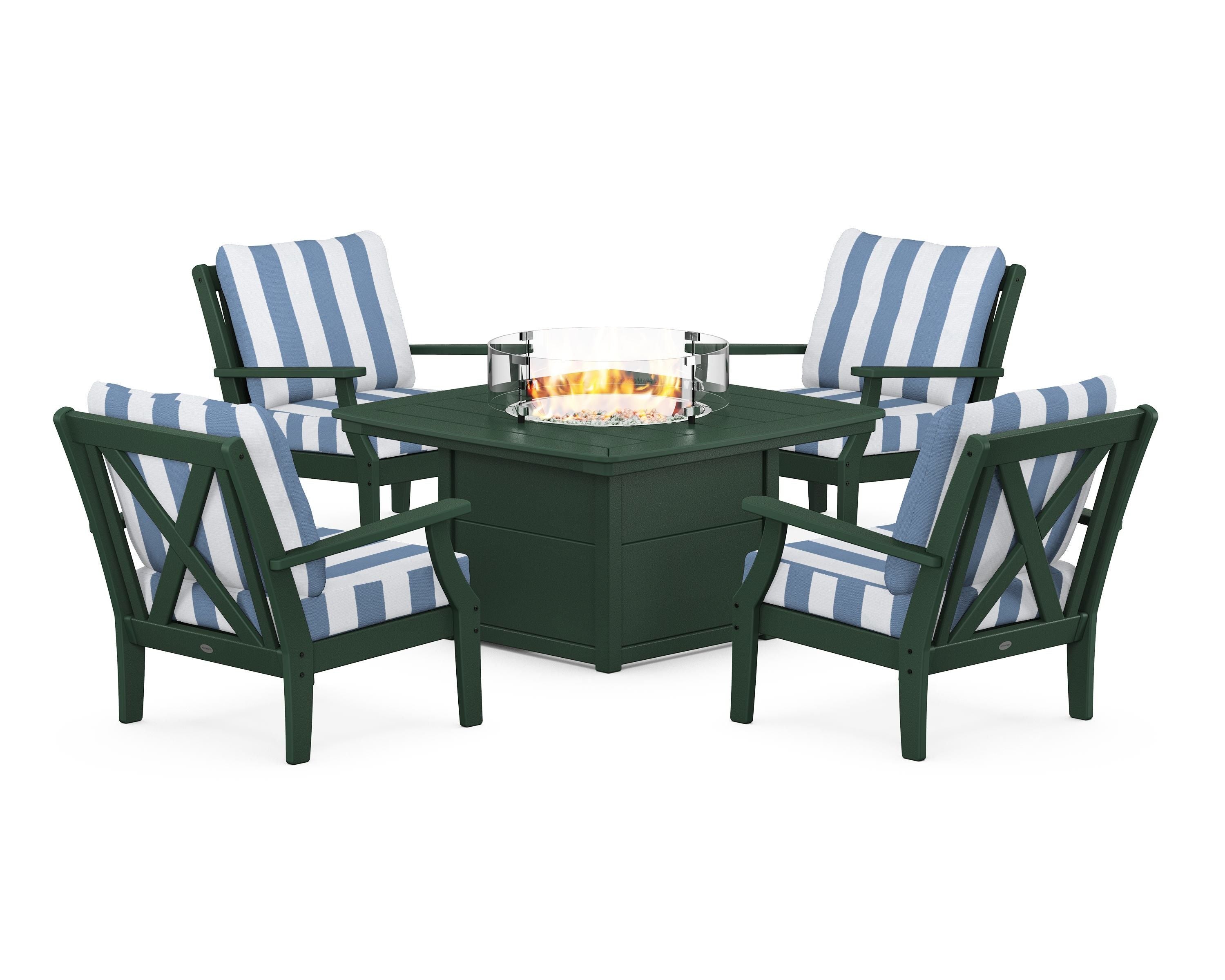 POLYWOOD® Braxton 5-Piece Deep Seating Conversation Set with Fire Pit Table in Green / Cabana Stripe Sky Blue