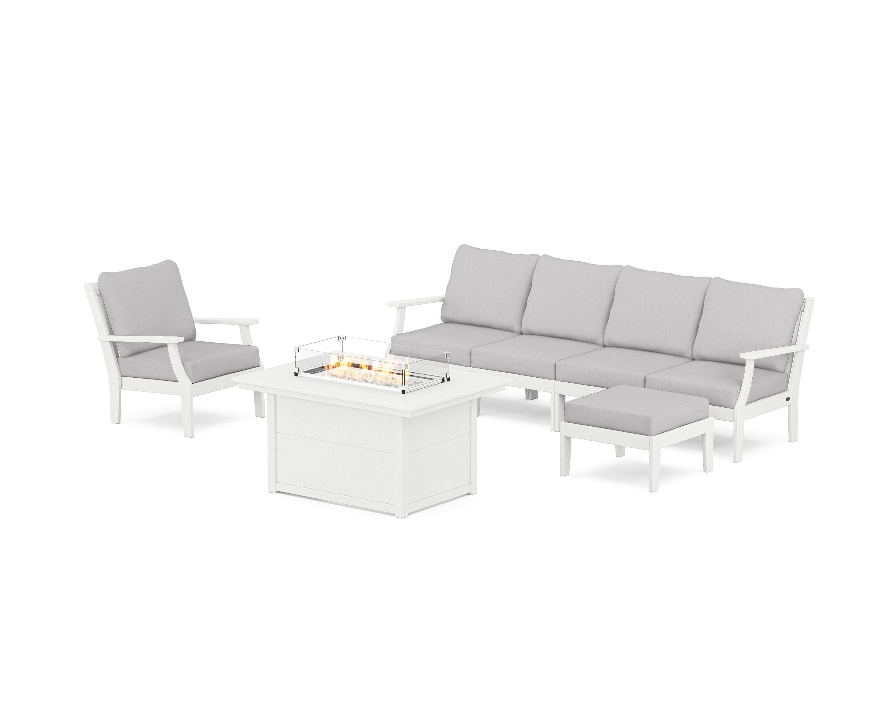 POLYWOOD® Braxton Sectional Lounge and Fire Pit Set in Vintage White / Granite