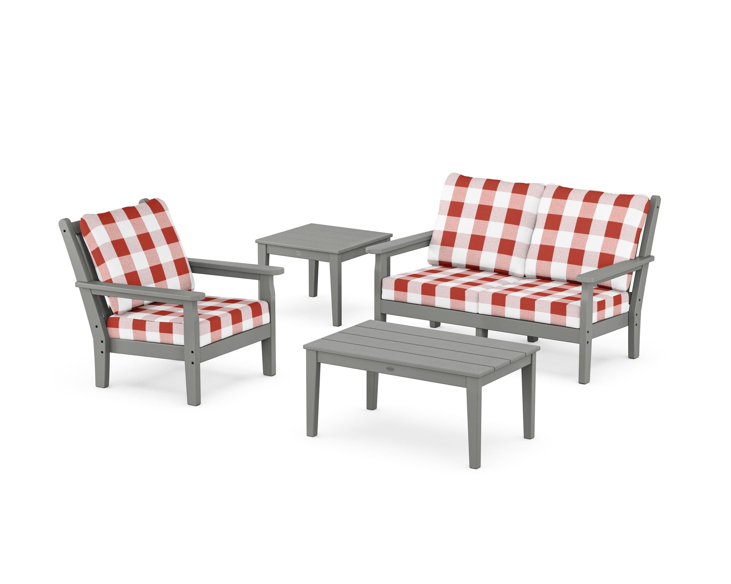 POLYWOOD® Chippendale 4-Piece Deep Seating Set in Slate Grey / Buffalo Plaid Crimson