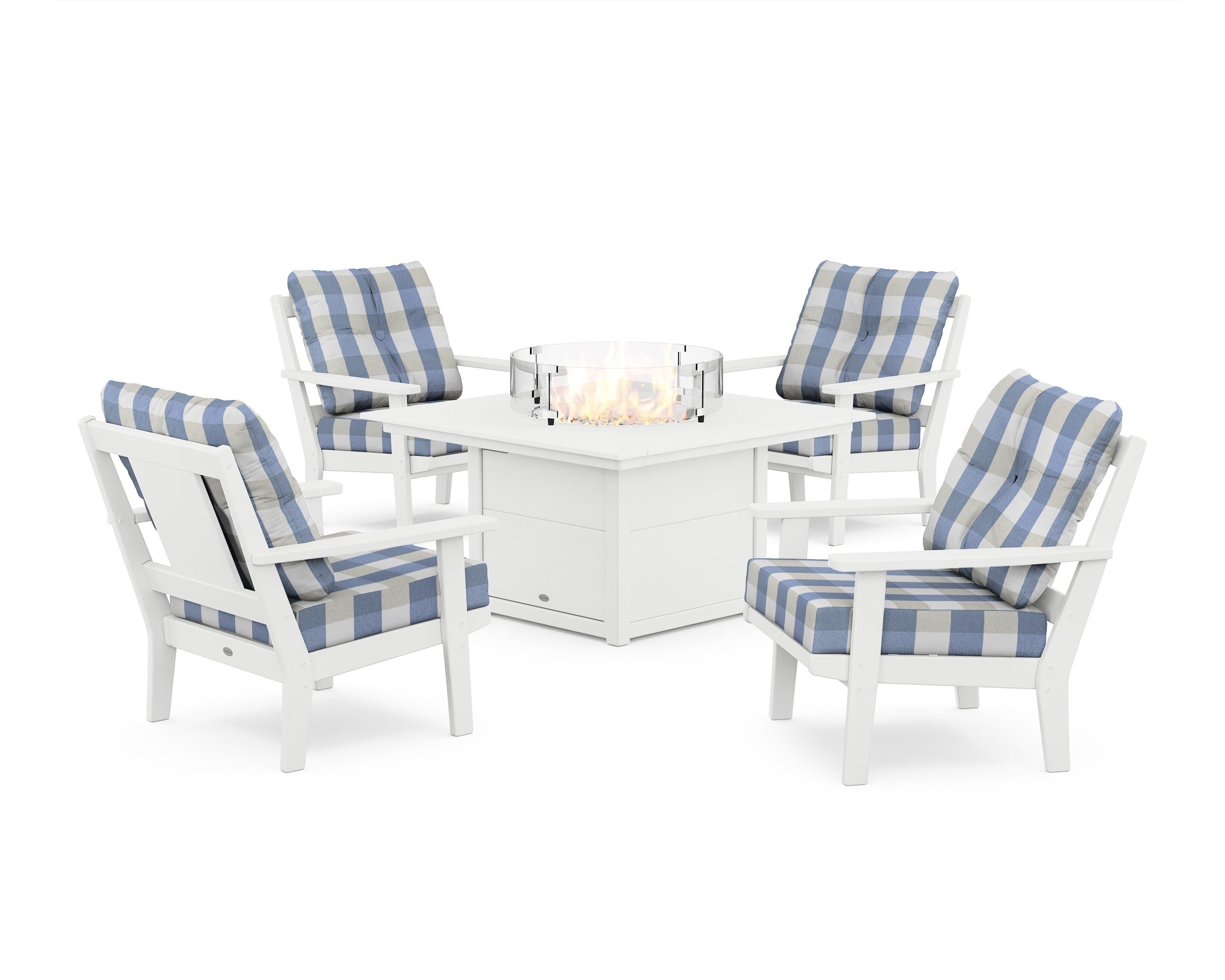 POLYWOOD® Prairie 5-Piece Deep Seating Set with Fire Pit Table in White / Buffalo Plaid Sky Blue