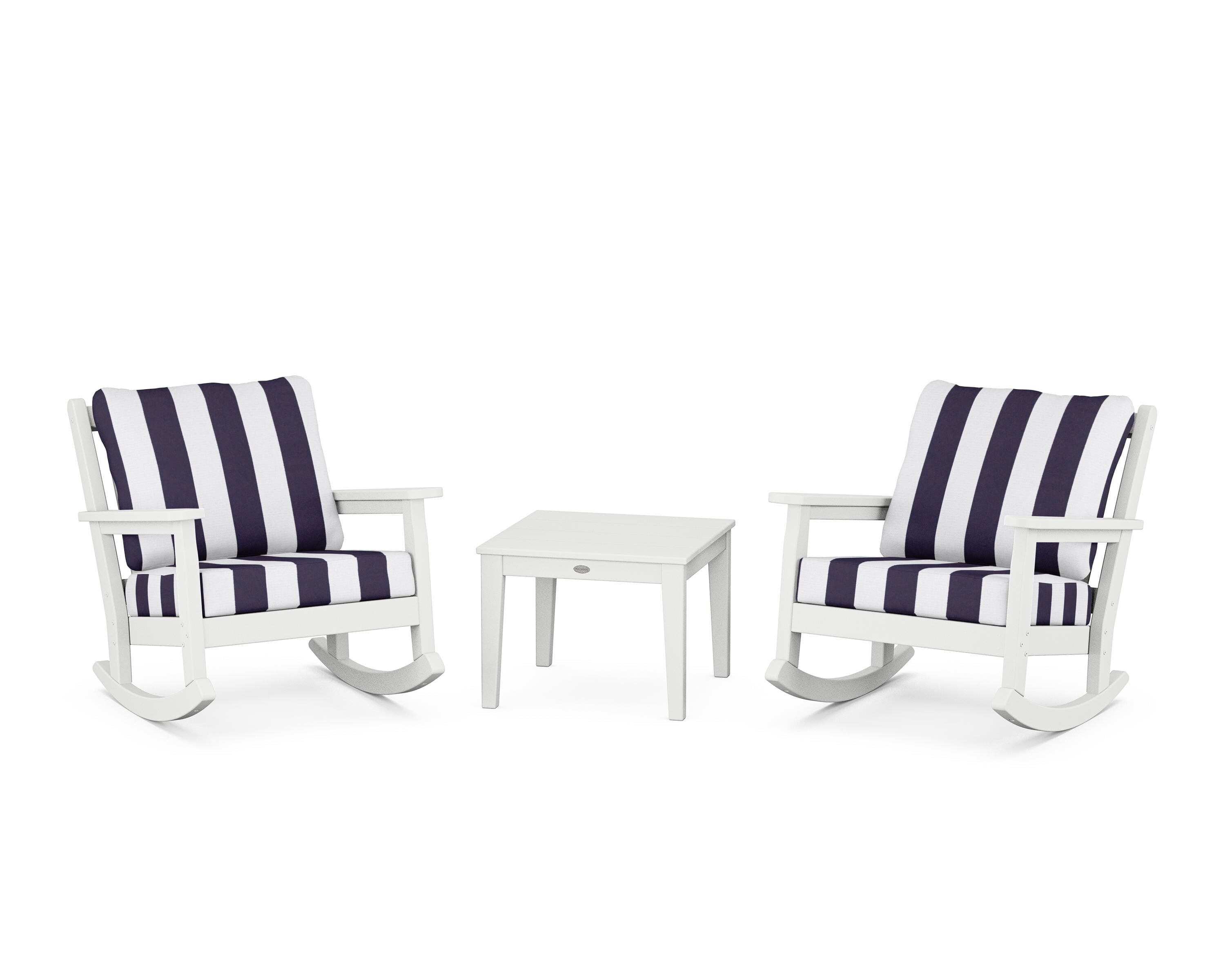 POLYWOOD® Chippendale 3-Piece Deep Seating Rocker Set in White / Cabana Stripe Navy