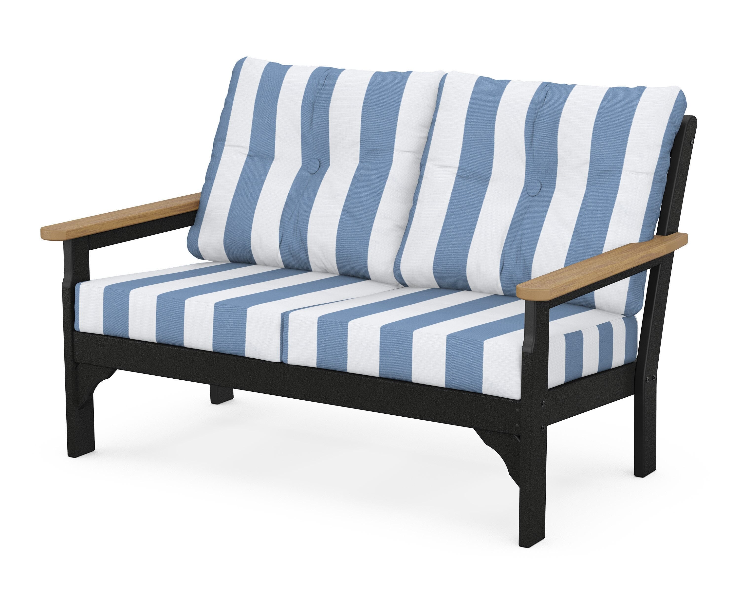 POLYWOOD® Vineyard Deep Seating Loveseat in Black / Natural / Cabana Stripe Sky Blue