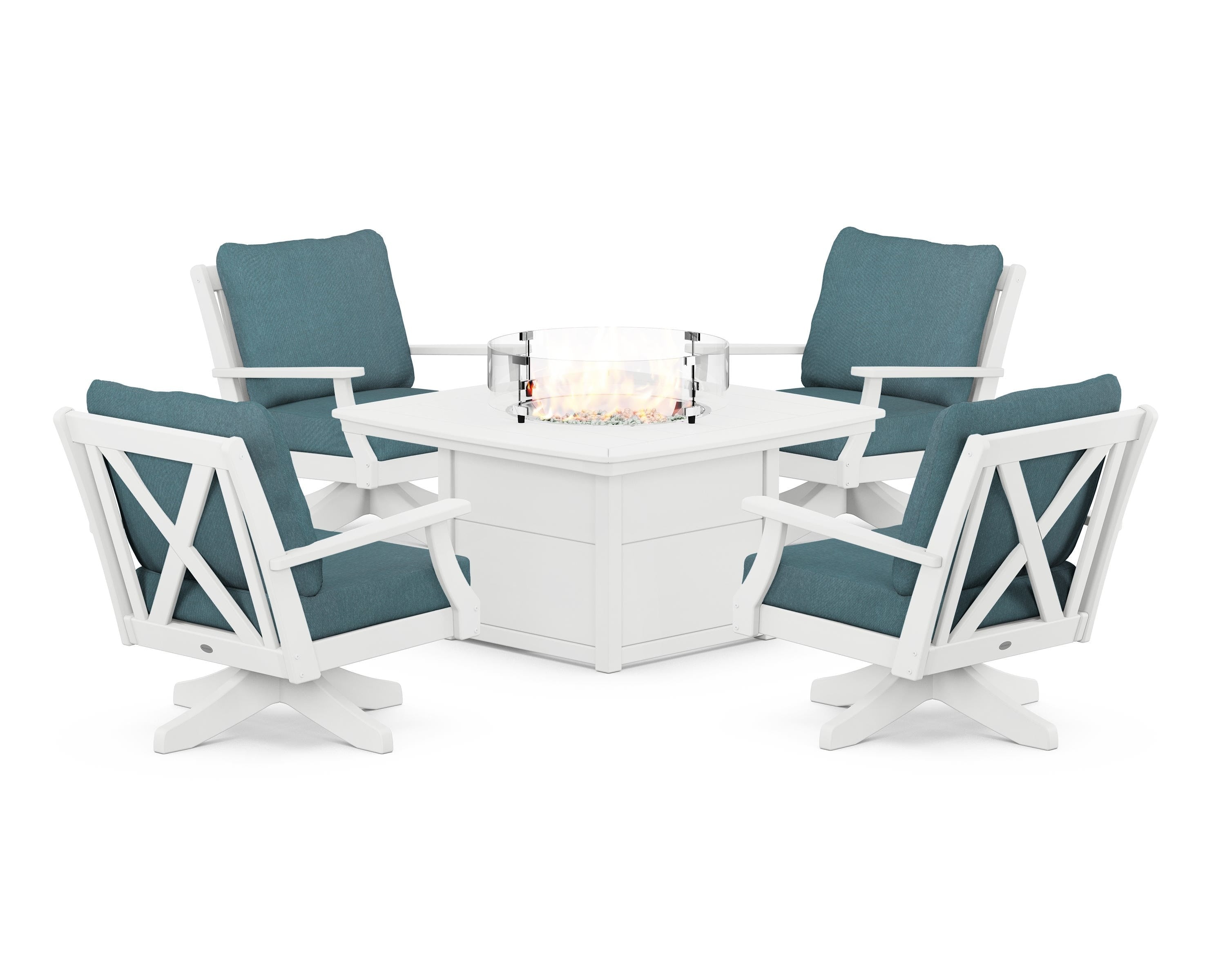 POLYWOOD® Braxton 5-Piece Deep Seating Swivel Conversation Set with Fire Pit Table in White / Ocean Teal