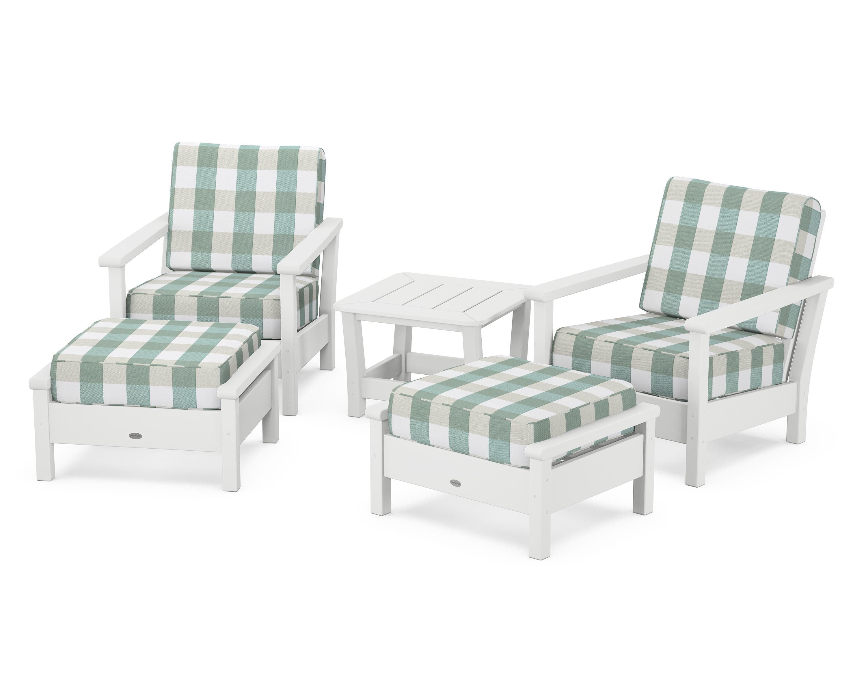 POLYWOOD® Harbour 5-Piece Deep Seating Chair Set in White / Buffalo Plaid Glacier Spa