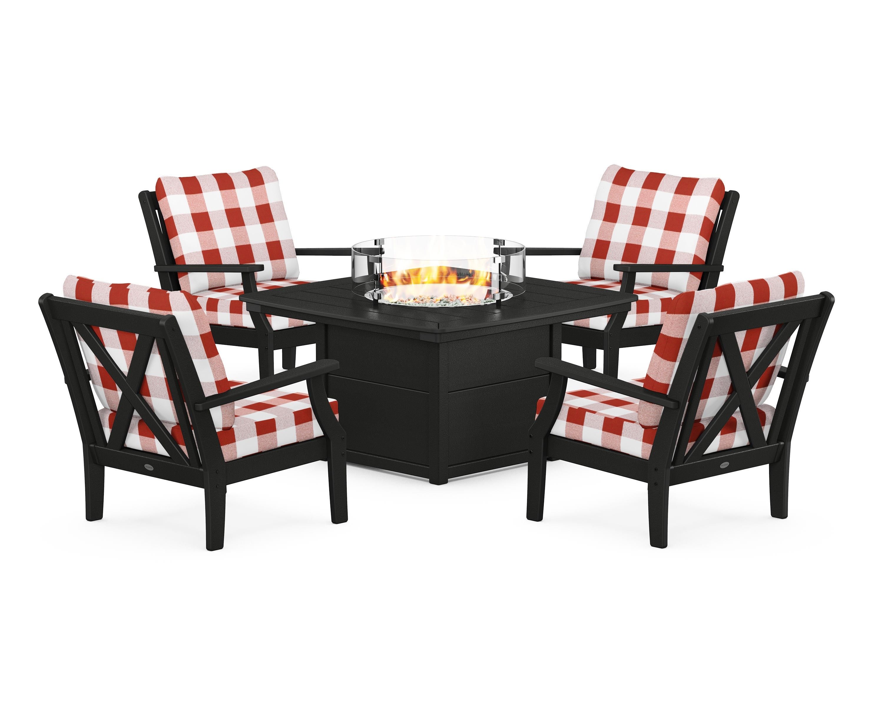 POLYWOOD® Braxton 5-Piece Deep Seating Conversation Set with Fire Pit Table in Black / Buffalo Plaid Crimson